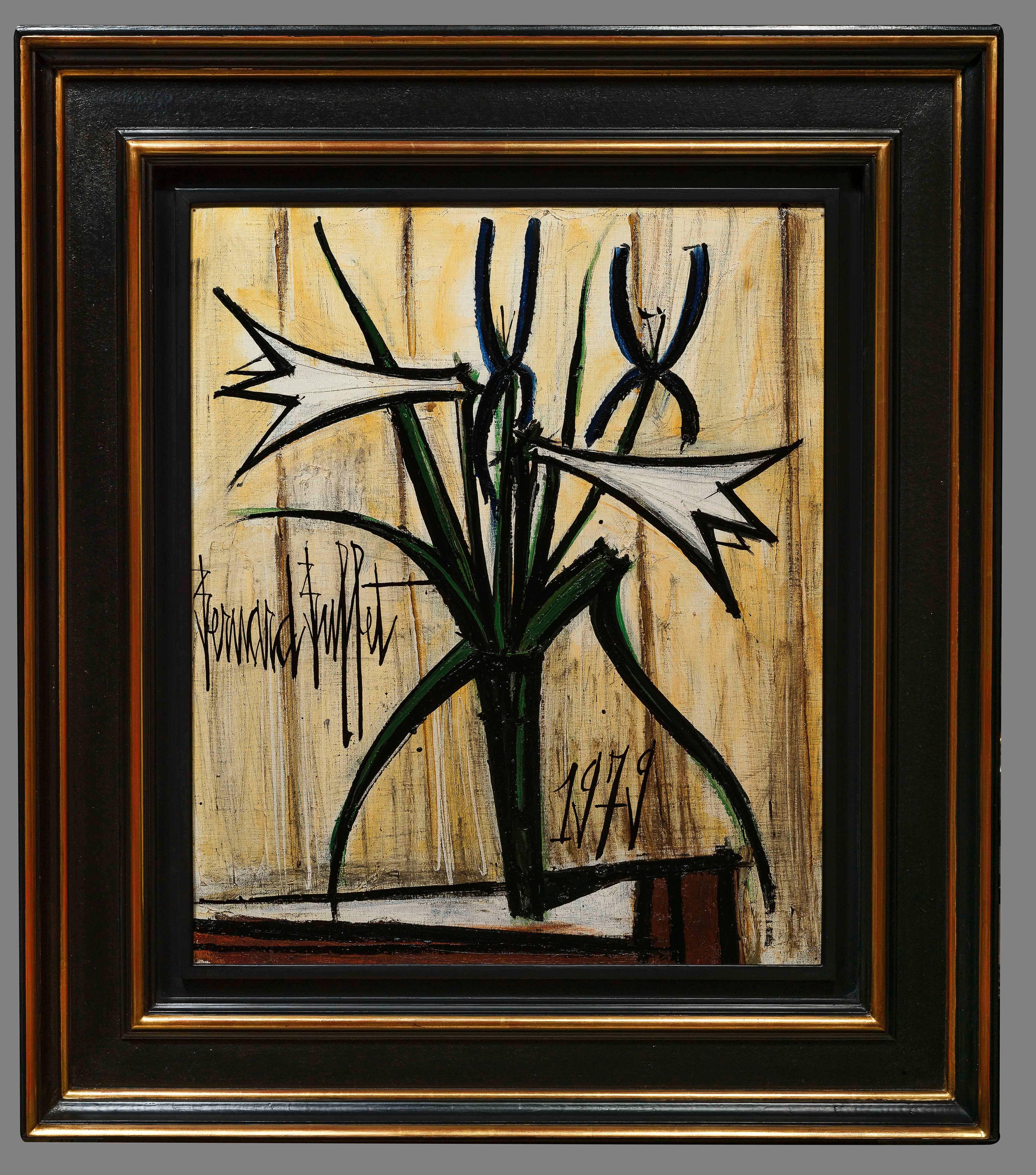 Bernard Buffet Still-Life Painting - Lys et Iris dans un Verre (Lily and Iris in a Glass)