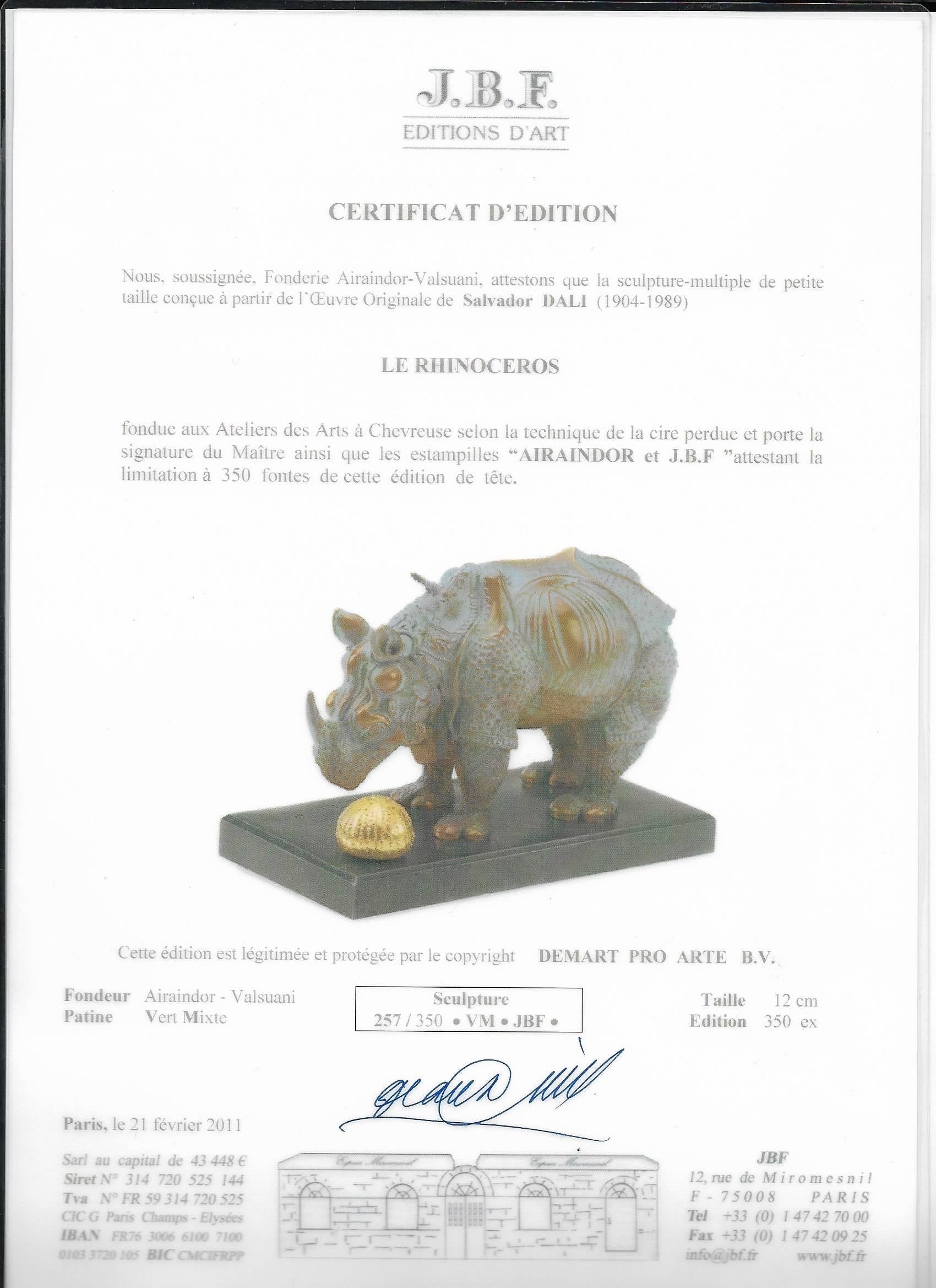 Salvador Dali
1904-1989

Rhinoceros, circa 1970
Bronze, Stamp of AIRAINDOR.256.VM 
Signed

AND

Rhinoceros, circa 1970
Bronze, Stamp of AIRAINDOR.257.VM 
Signed

4 3/4" high x 6 1/2" wide x 3 1/2" depth EACH

Certificate of