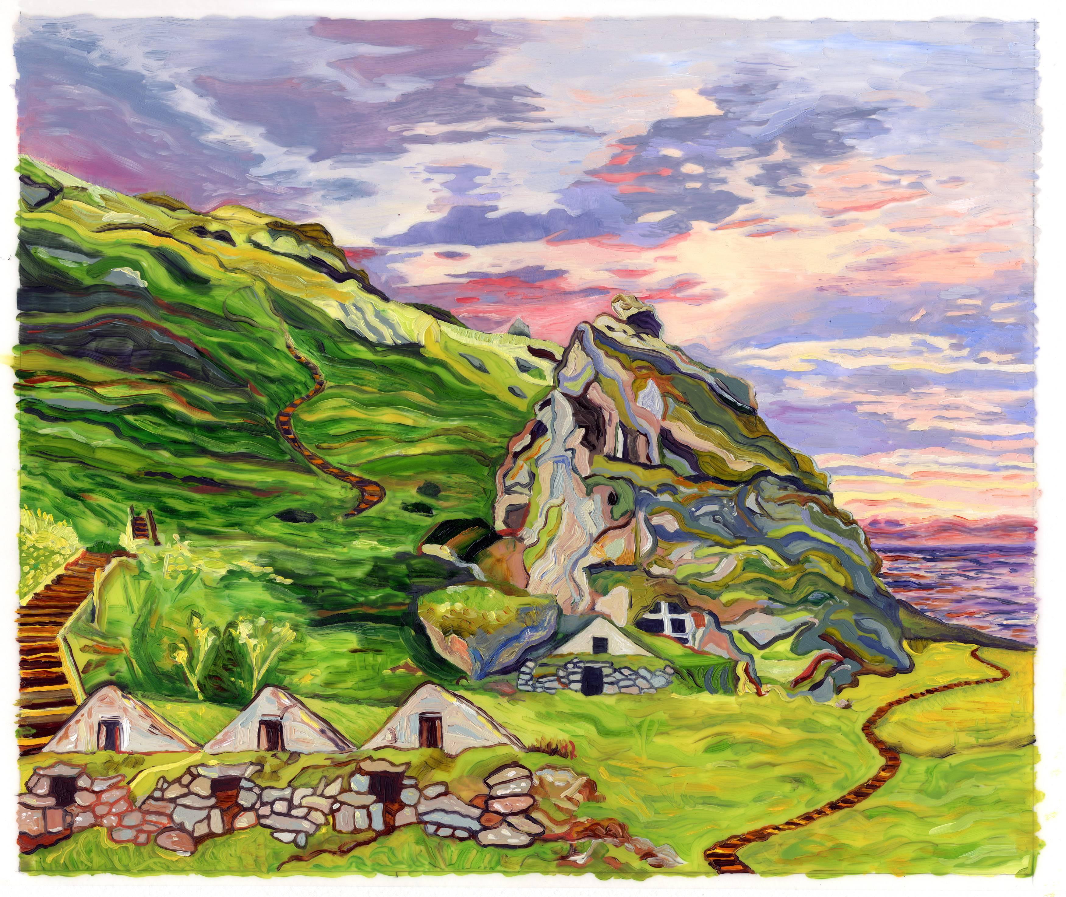 Julia Whitney Barnes Landscape Painting - Bricks and Stones May Break (Iceland/Petite Turfhouse