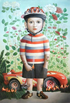 Amy Hill: "Boy With Car", oil on canvas (framed) signed on reverse