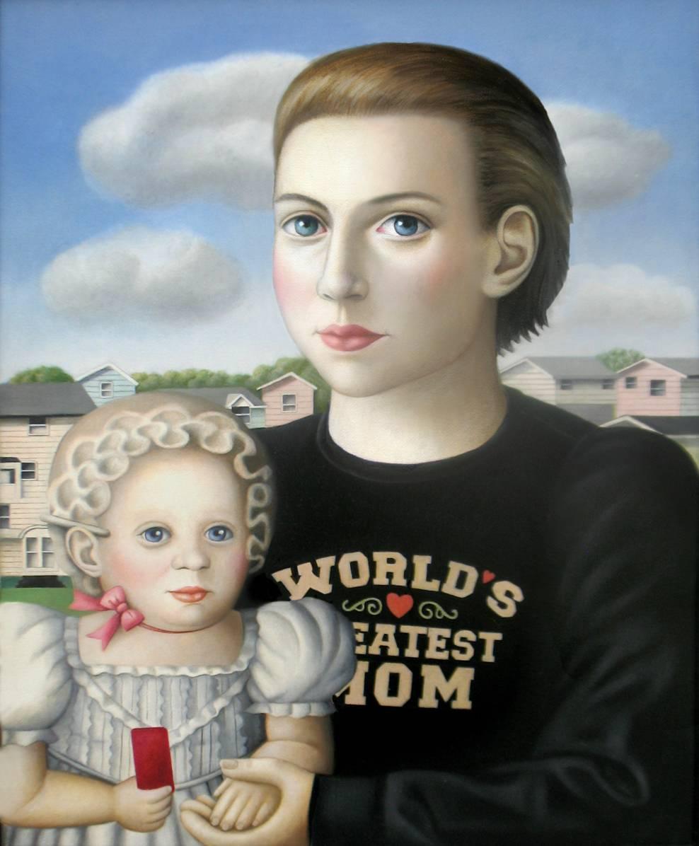 Amy Hill Figurative Painting - Mother and Baby, oil on canvas, Contemporary Folk Art painting