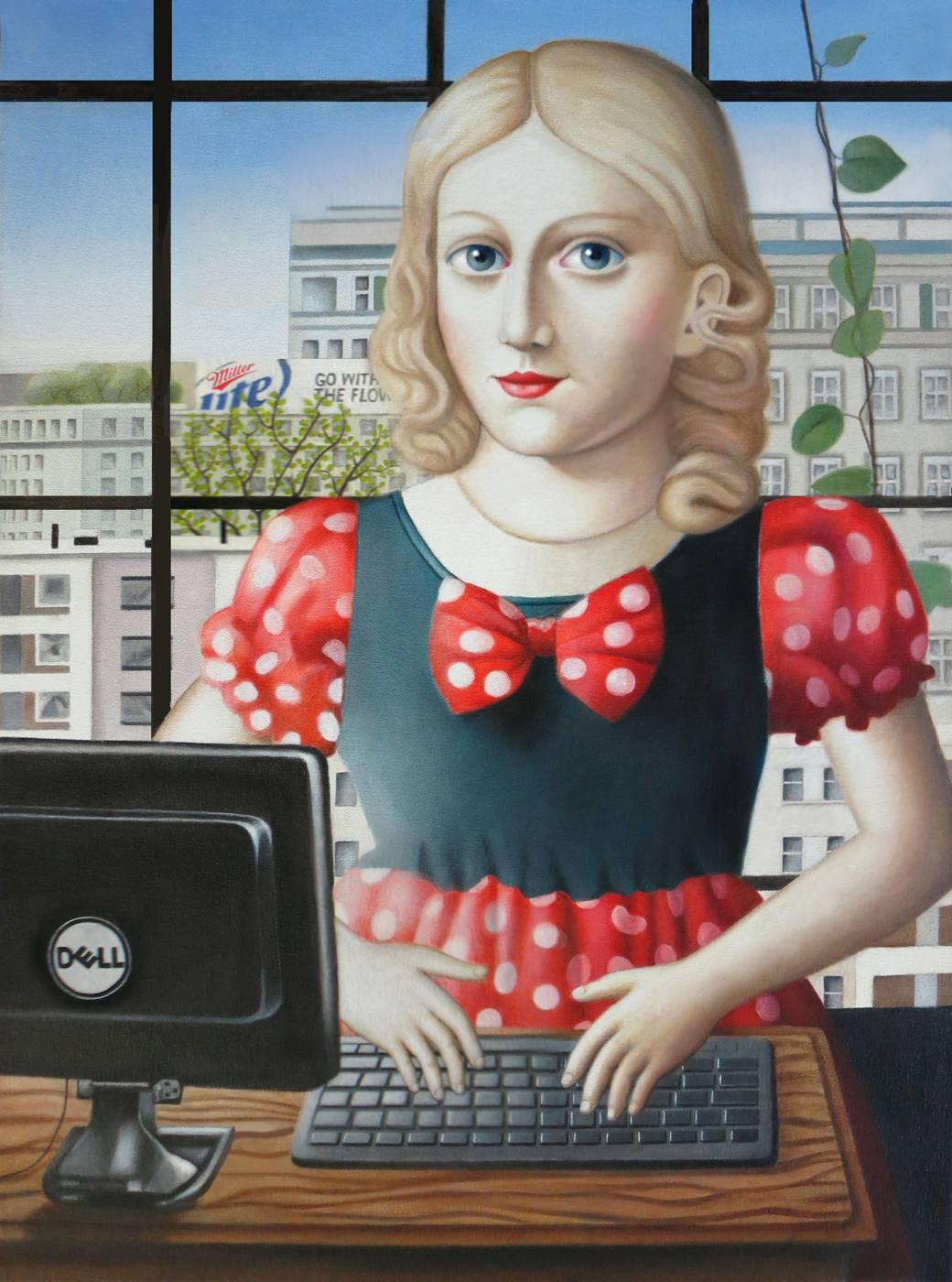 Amy Hill Figurative Painting - Girl with Computer
