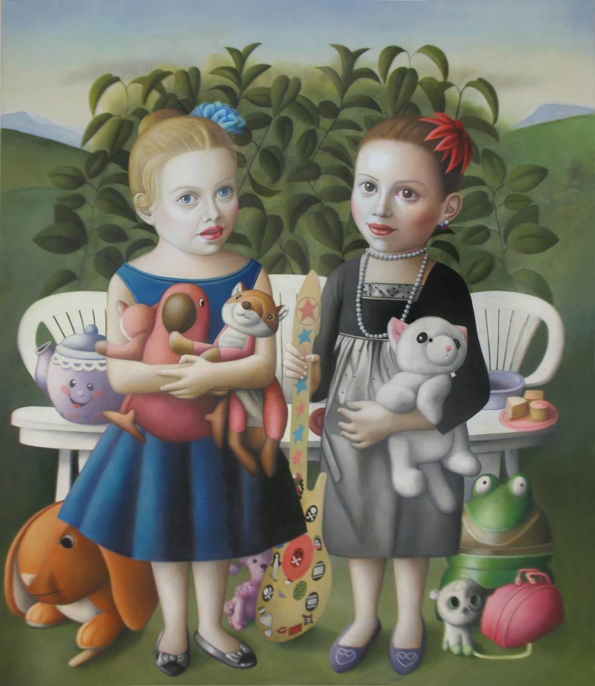 Portrait Painting di Amy Hill - Due ragazze con giocattoli