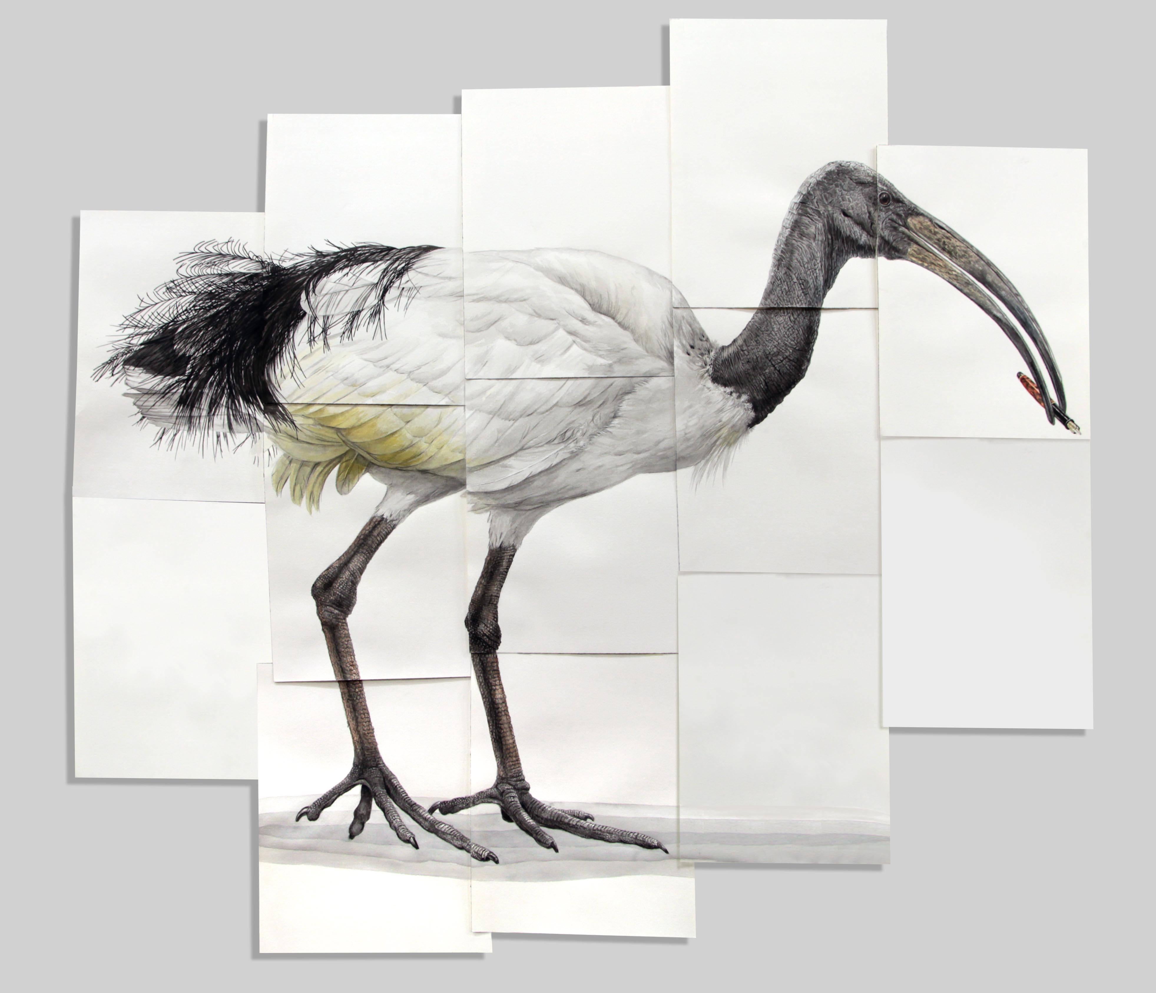 Thomas Broadbent Animal Art – Zeitgenössisches surrealistisches Gemälde „Sacred“ (Ibis-Wasservogel mit Federstift) 