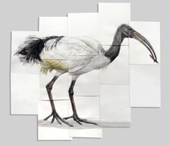 "Sacred" Contemporary Surrealist painting, (ibis water bird with fountain pen) 