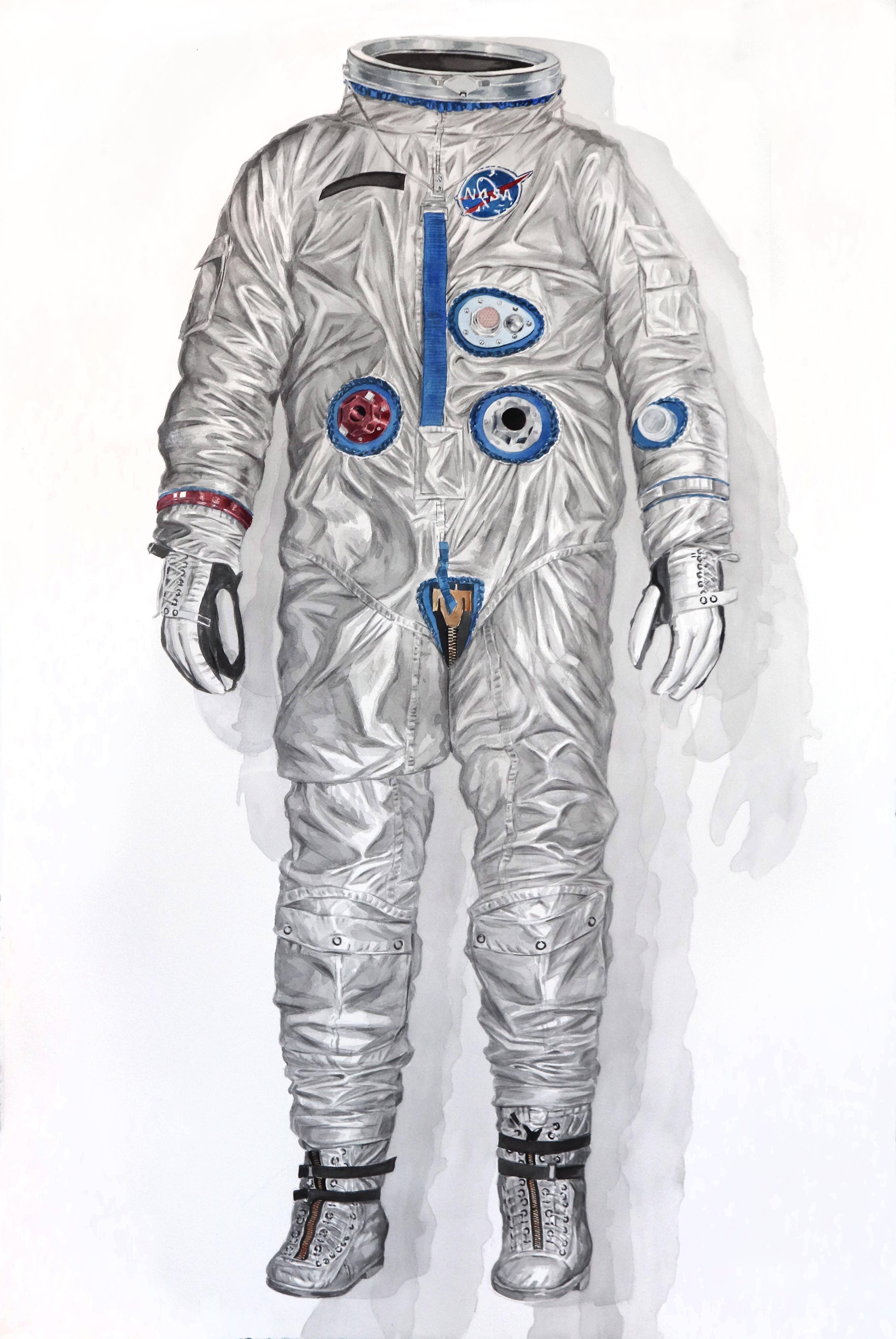 Thomas Broadbent Portrait Painting - "Silver Suit" (Early Gemini Spacesuit) large scale watercolor painting (framed)