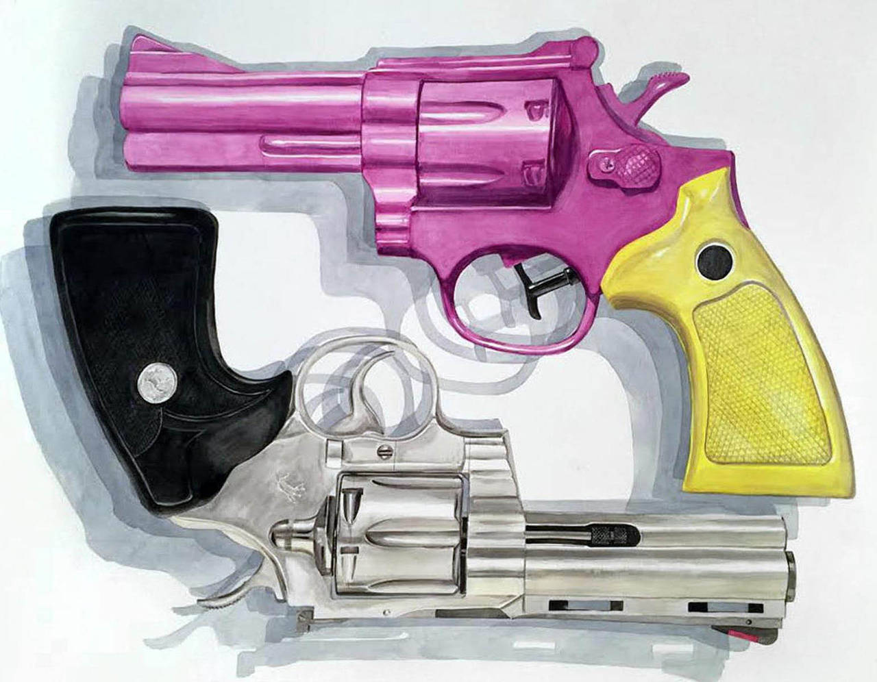 Thomas Broadbent Figurative Art - "2 Guns" Large Scale Watercolor, Pop Art, pink and yellow revolver 