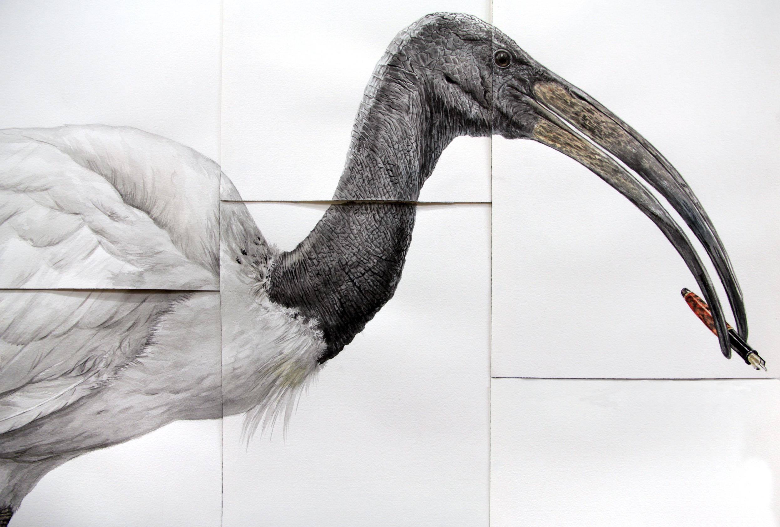 Zeitgenössisches surrealistisches Gemälde „Sacred“ (Ibis-Wasservogel mit Federstift)  – Art von Thomas Broadbent