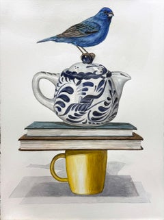 "Bunting on Teapot" - Dipinto surrealista contemporaneo con uccellino blu e libri, incorniciato