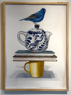 "Bunting on Teapot" Contemporary Surrealist painting blue bird, books, framed
