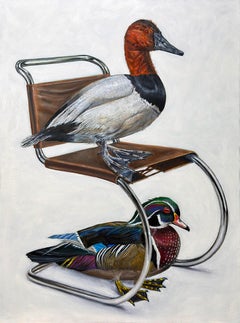 « Safe Space » : peinture à l'huile surréaliste contemporaine représentant deux canards sur une chaise Cesca