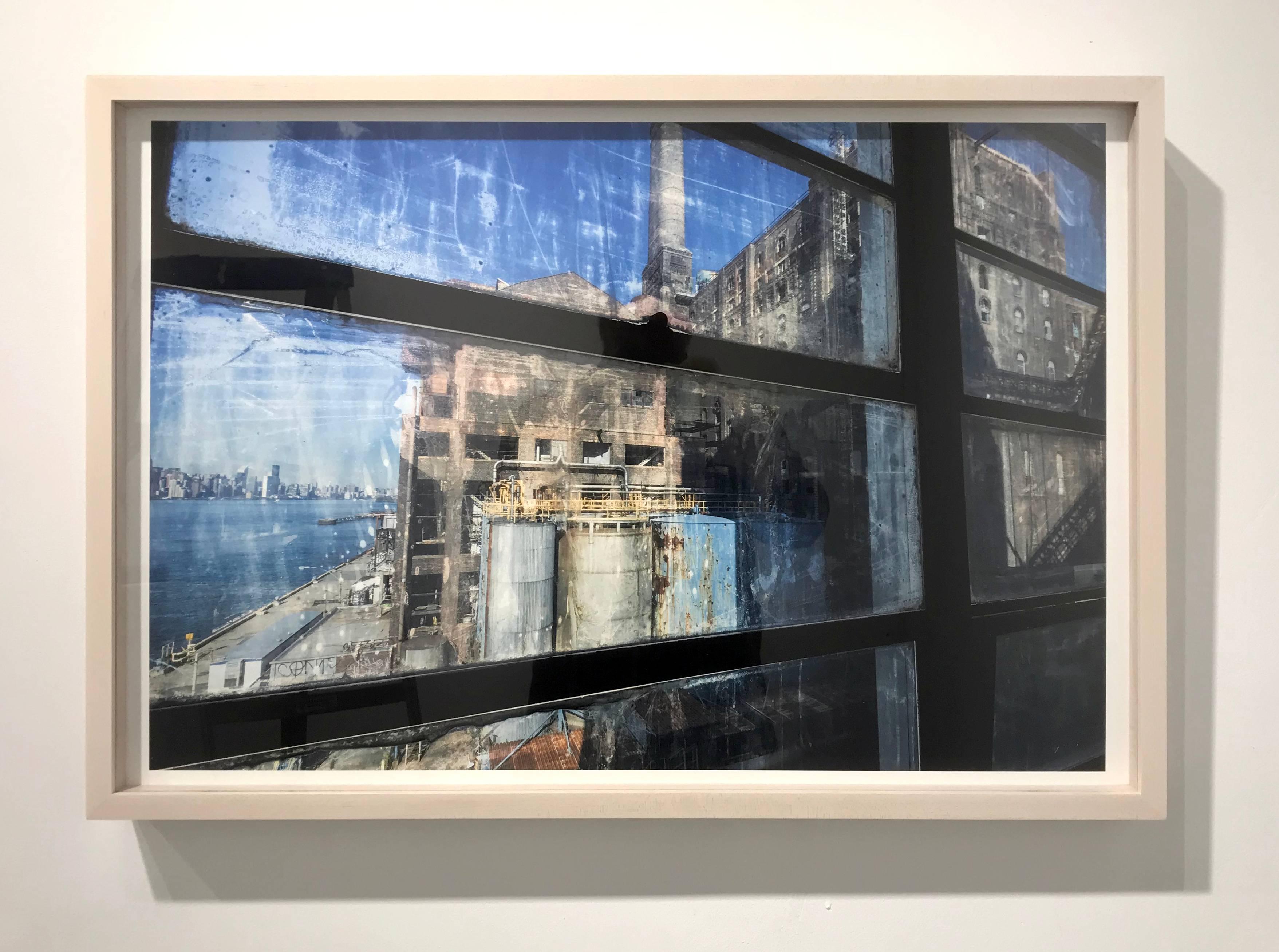 Paul Raphaelson Figurative Photograph - "Through Window", photograph of Brooklyn's Domino Sugar, framed and mounted