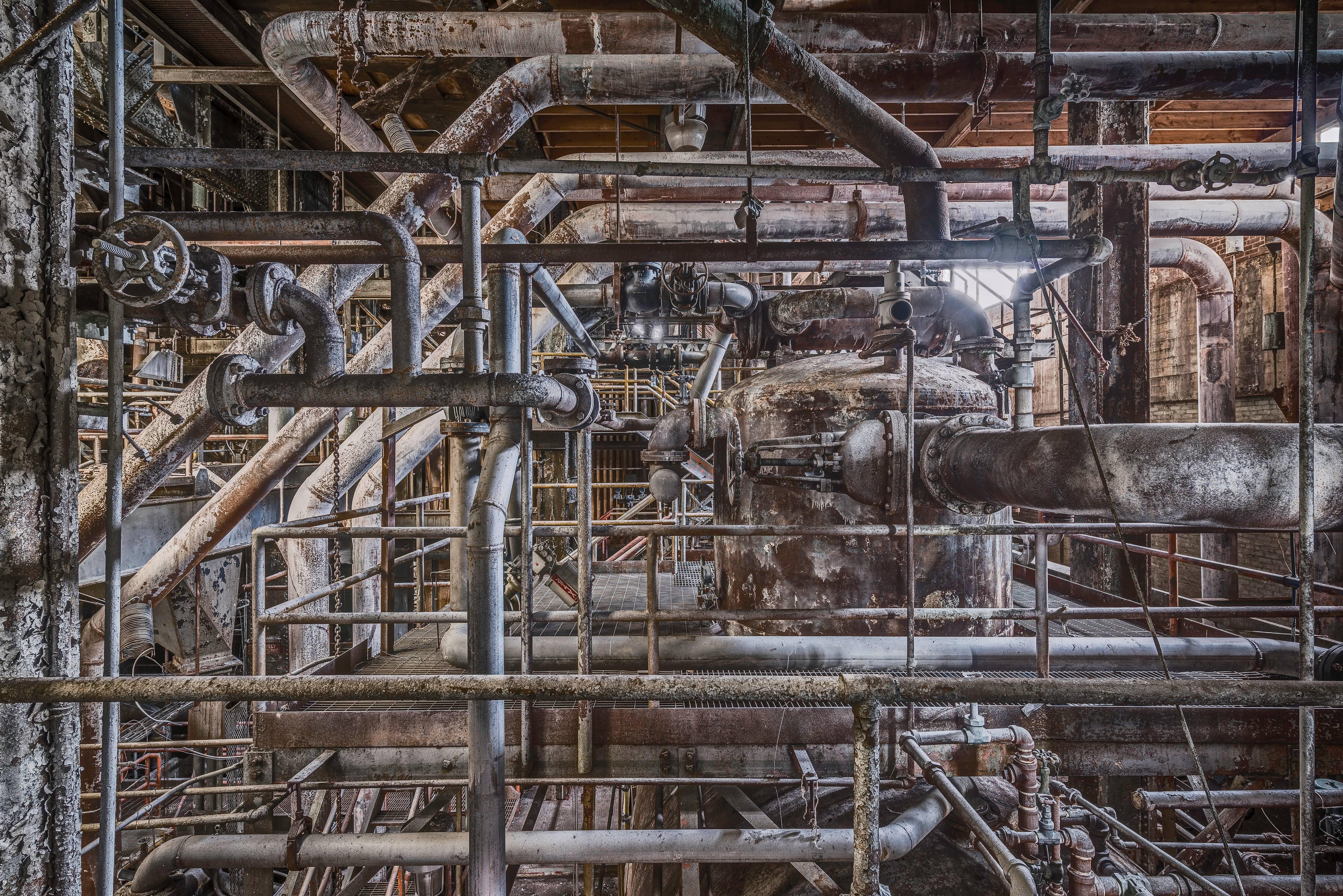 Paul Raphaelson Color Photograph - "Boiler Pipes" (Domino Sugar - Williamsburg, Brooklyn) framed and mounted