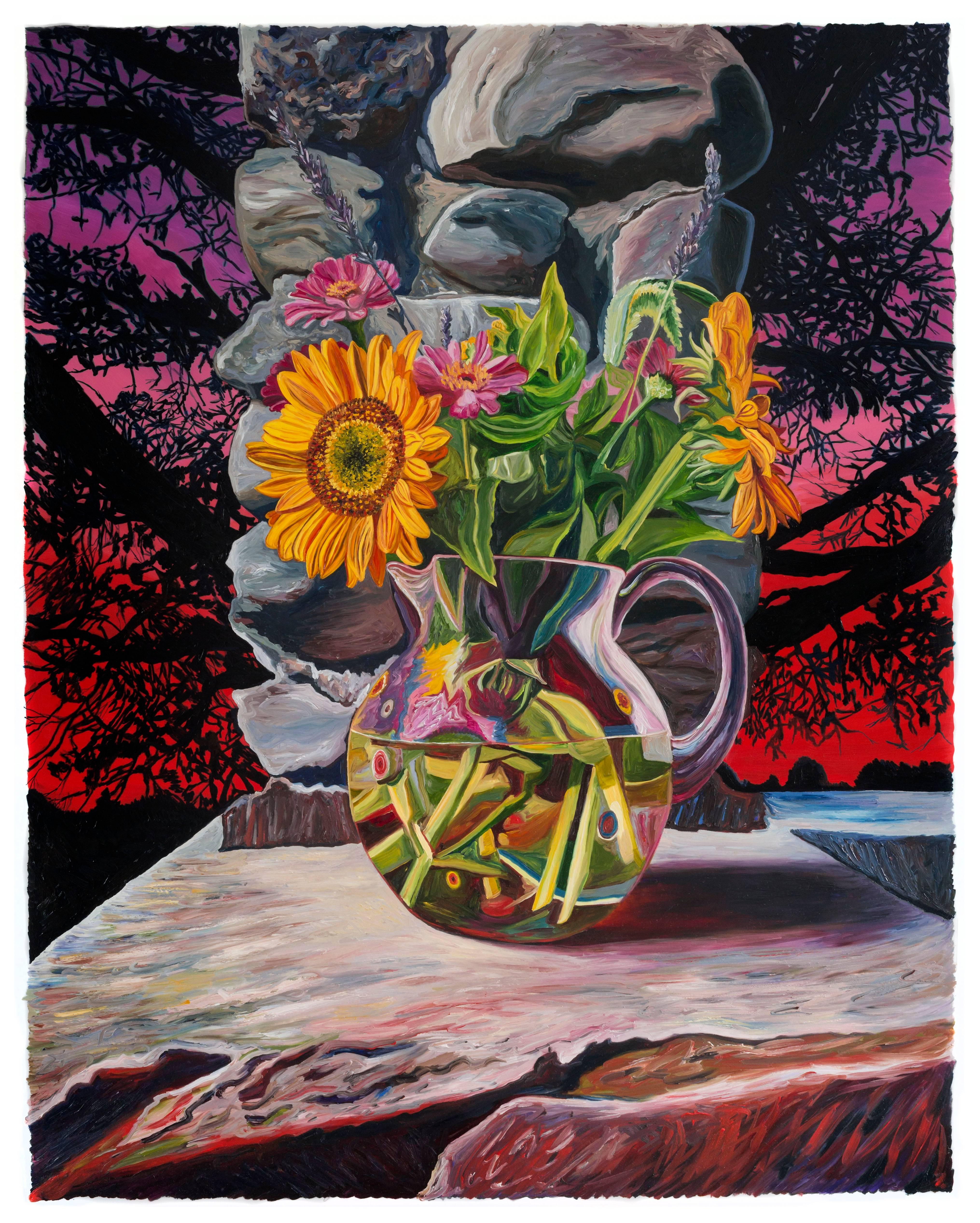 Julia Whitney Barnes Still-Life Painting - "Autumn Sunflowers/Domestic Bliss" framed