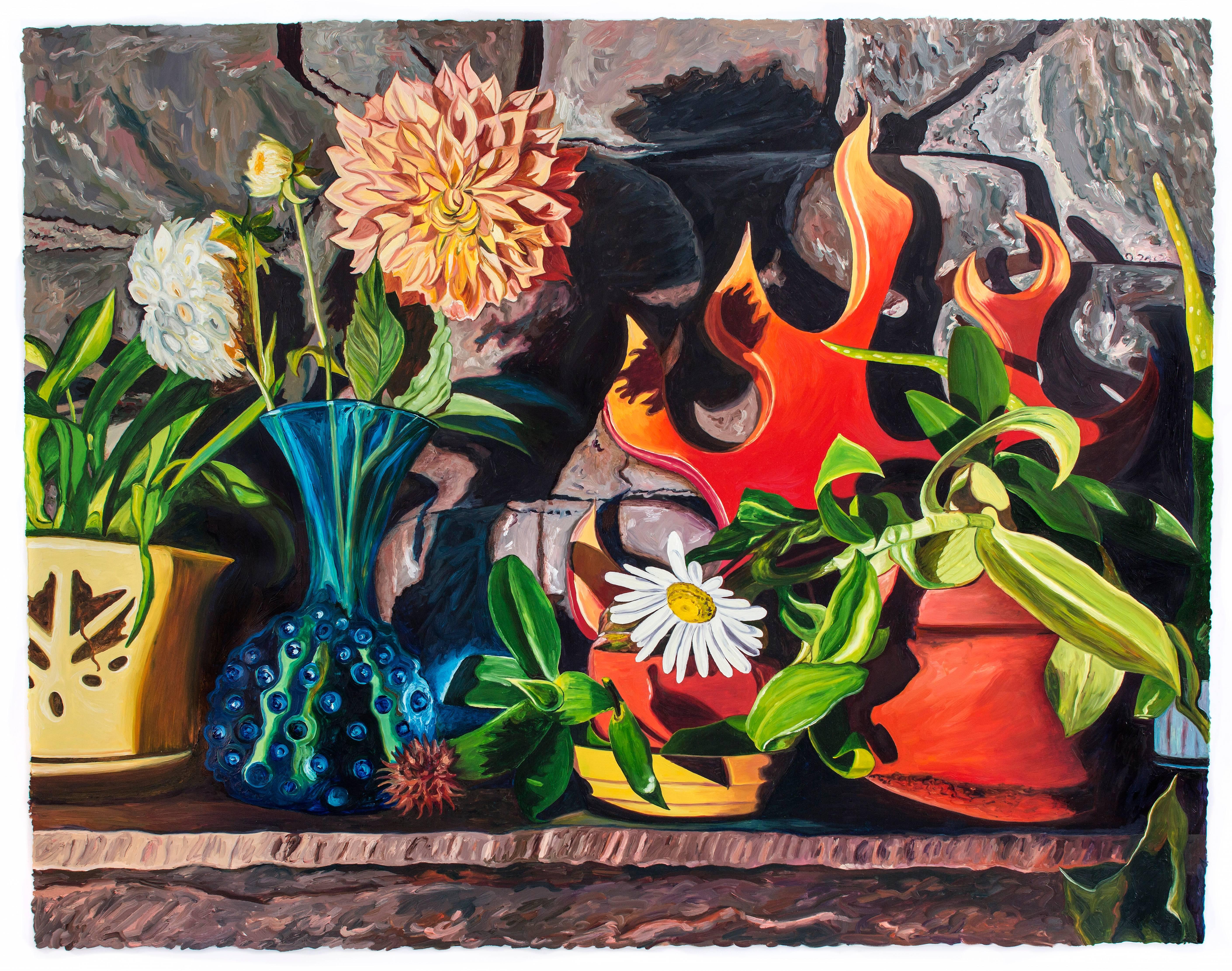 Julia Whitney Barnes Still-Life Painting - "Dear Dahlia/Domestic Bliss" framed