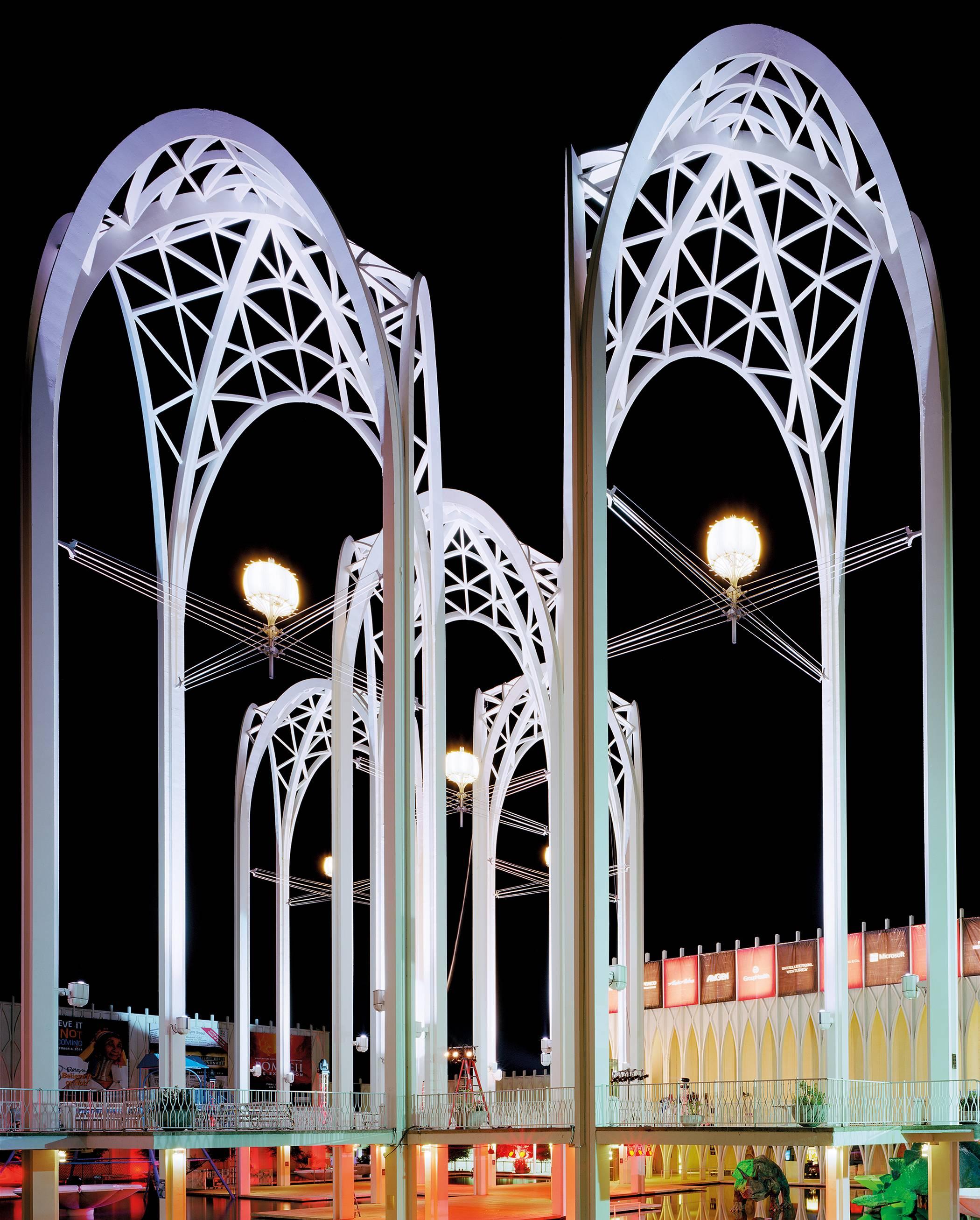 Jade Doskow Color Photograph - Seattle '62 World's Fair, Science Center Arches at Night (25"x20" photograph)