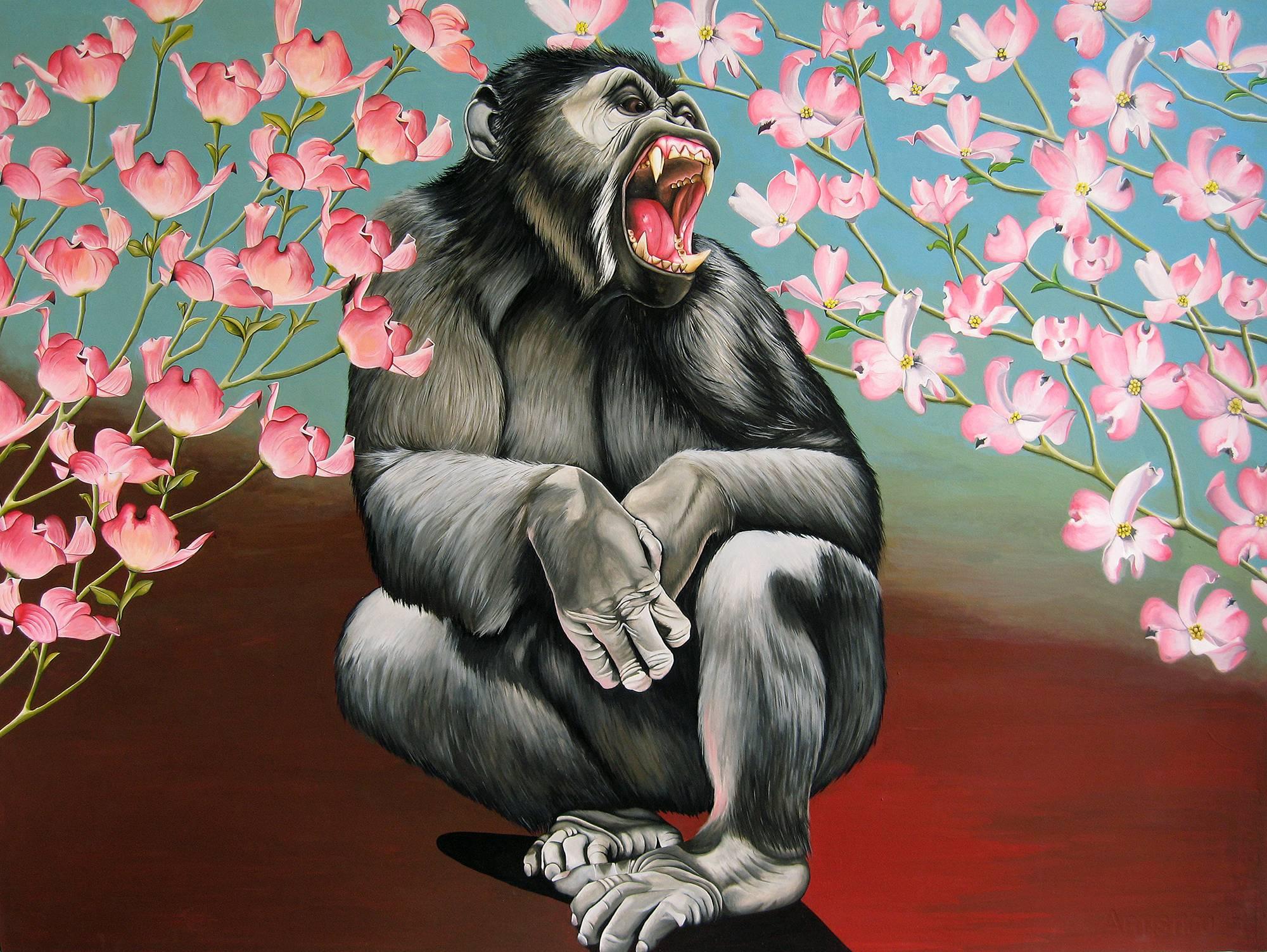 Emily Roz Animal Painting - Crouching Chimp with Dogwoods