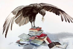 "Carrion" contemporary surrealist watercolor, vulture, stacked books 