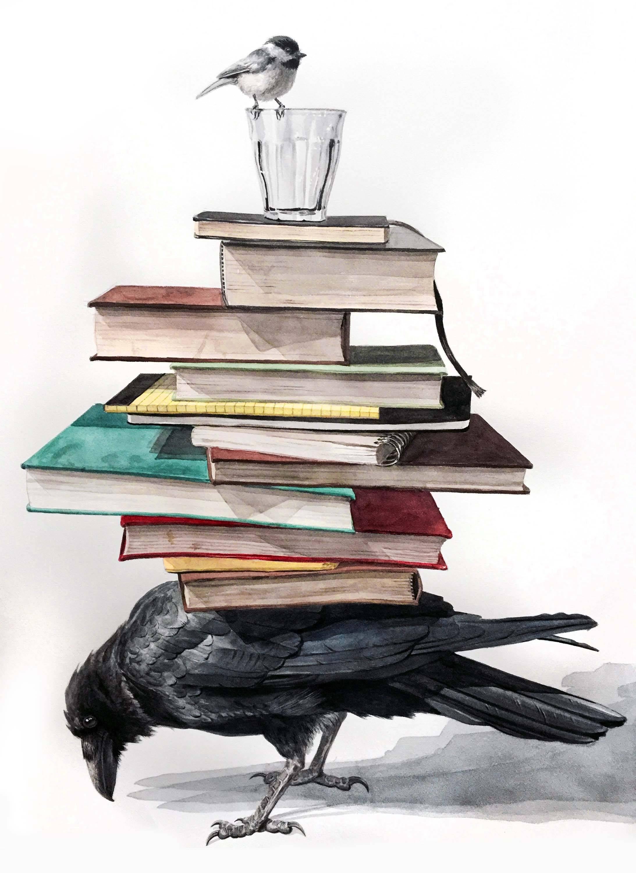 "The Burden" Contemporary Surrealist watercolor (raven with books and chickadee)