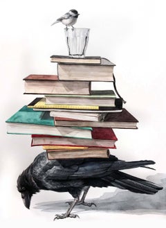 "Il fardello" Acquerello surrealista contemporaneo (corvo con libri e pulcino)