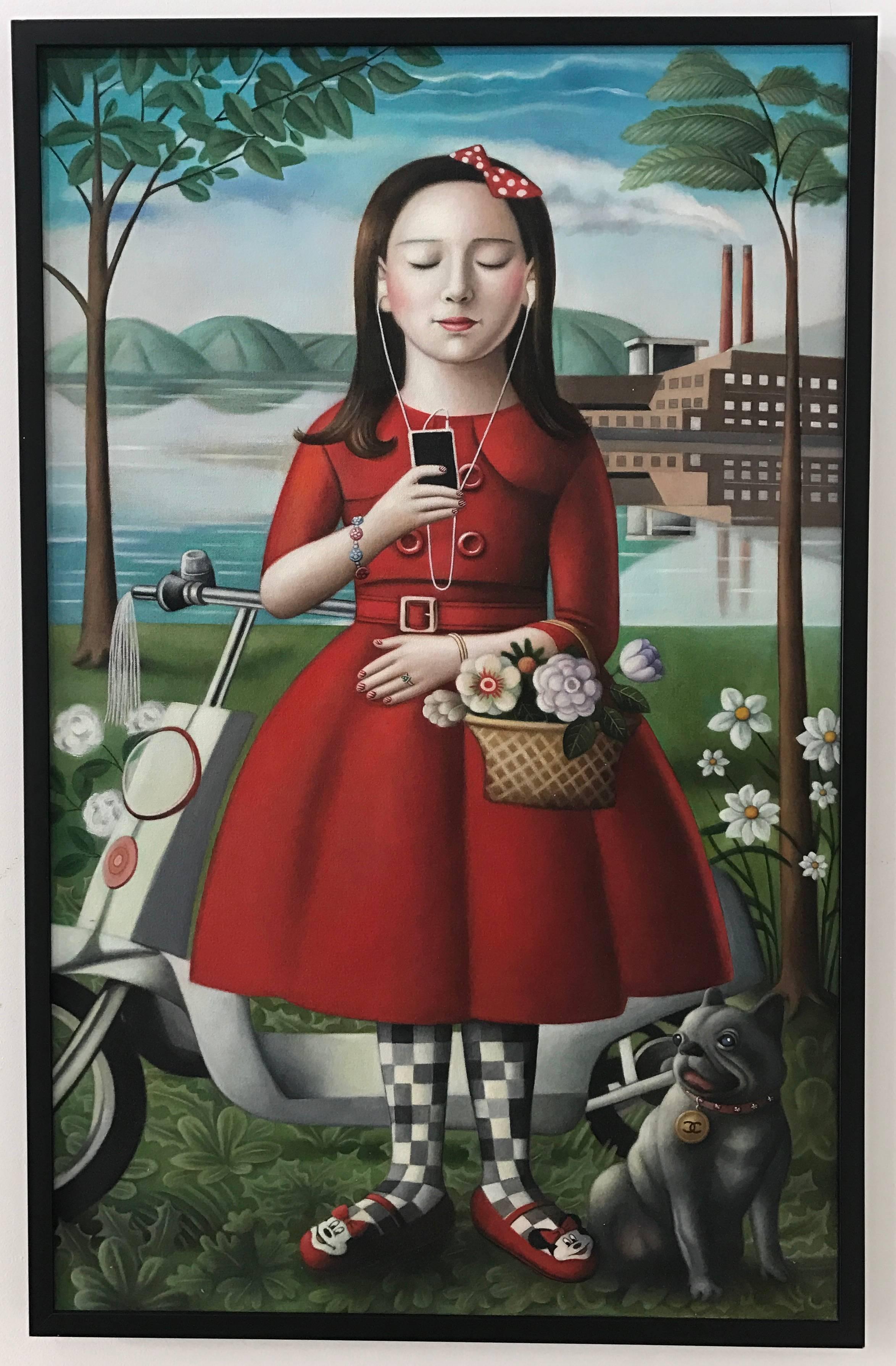 Girl With Skooter - Gray Landscape Painting by Amy Hill