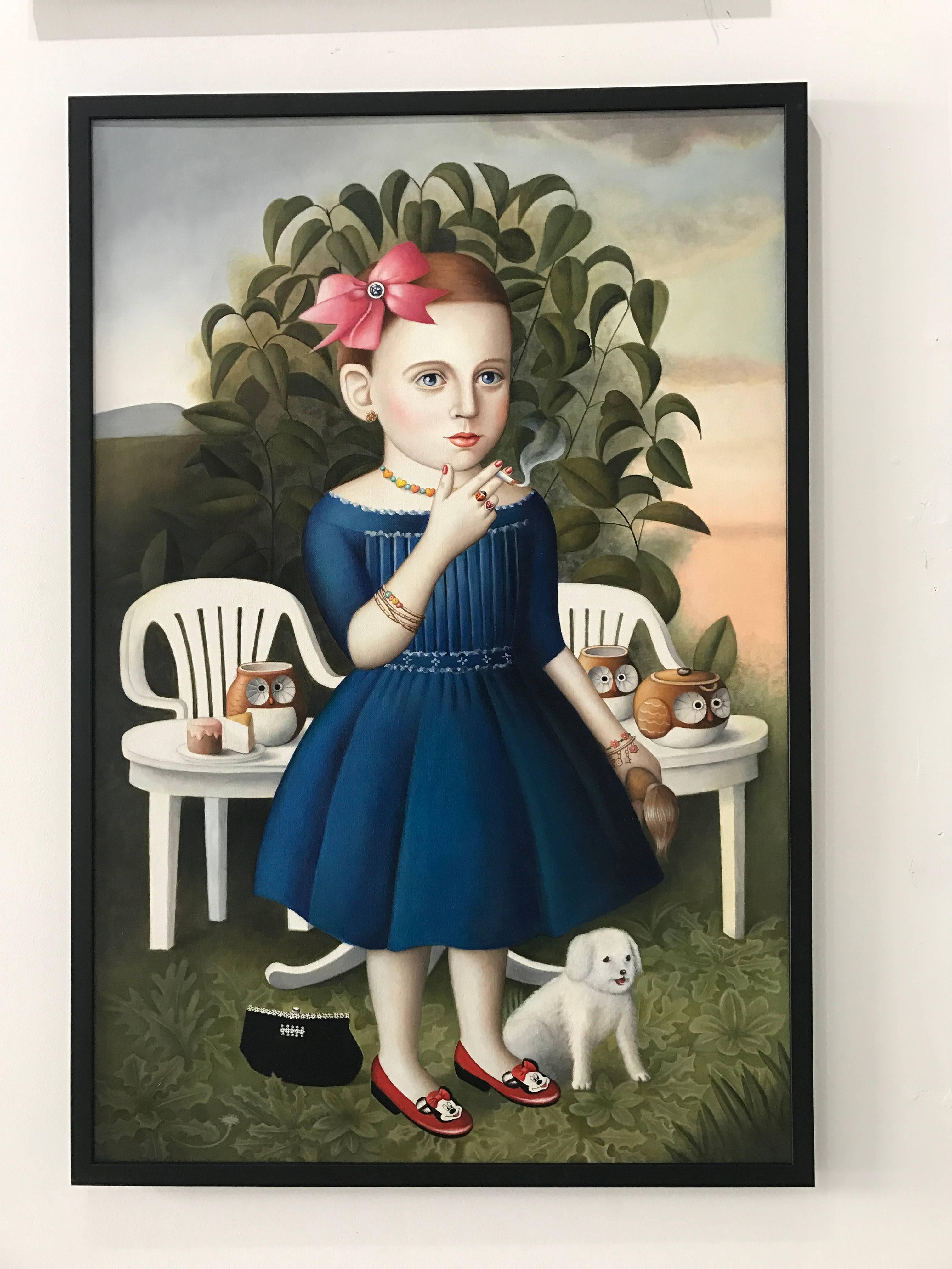 Girl With Tea Set - Black Still-Life Painting by Amy Hill