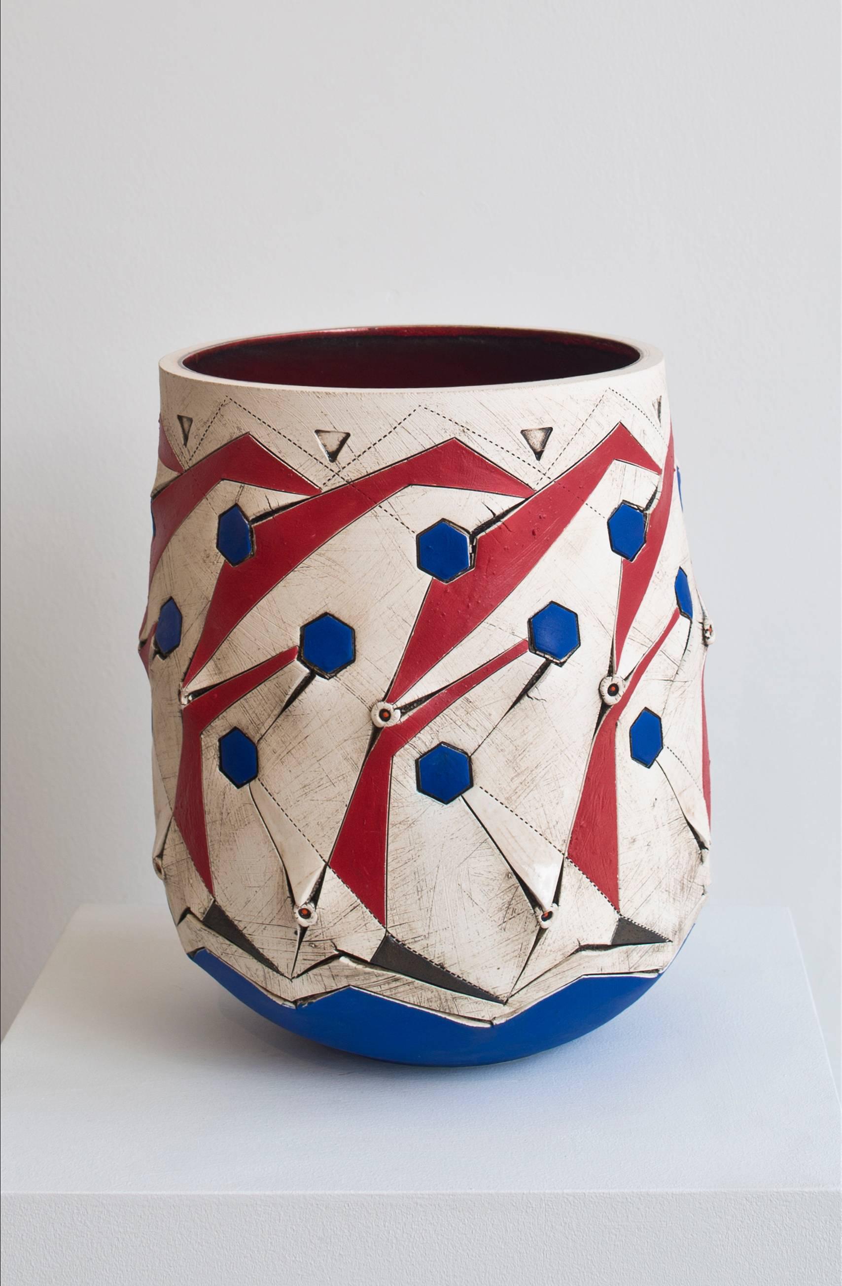 Andile Dyalvane Abstract Sculpture - Scarified Red Blue Honeycomb Vase