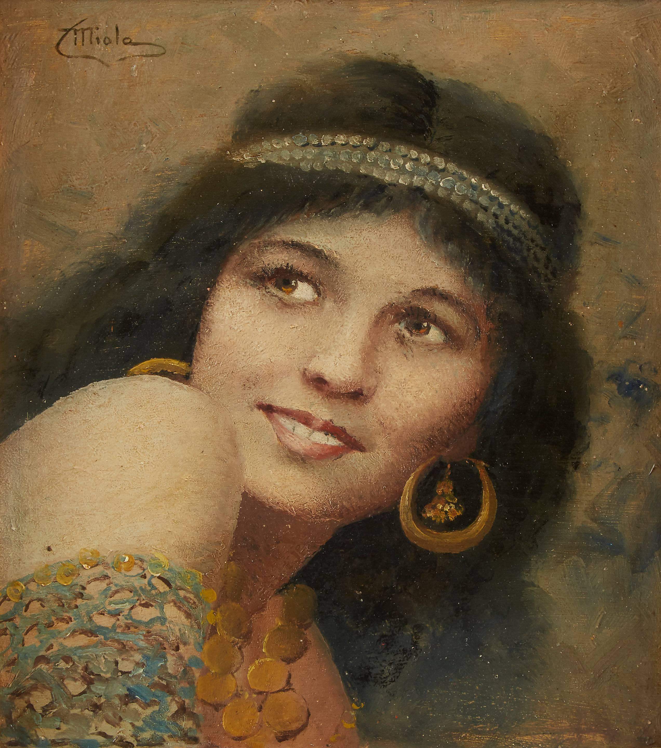 Camillo Miola Portrait Painting - Young Beauty Wearing Jewelry