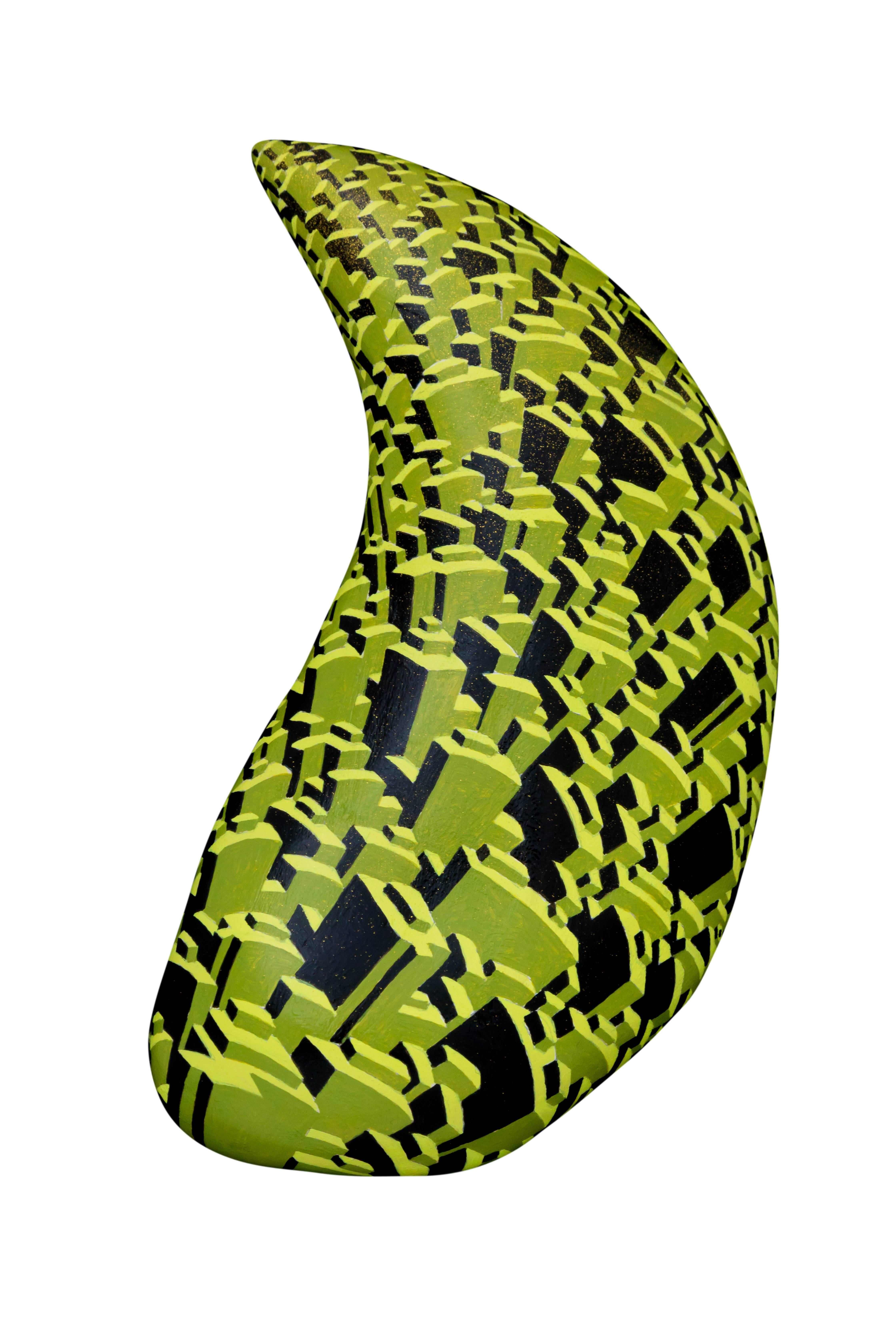 Satoshi Koyama Abstract Sculpture - Life City "Jewelry Y " Lime green wall sculpture: oil painting on paulownia wood