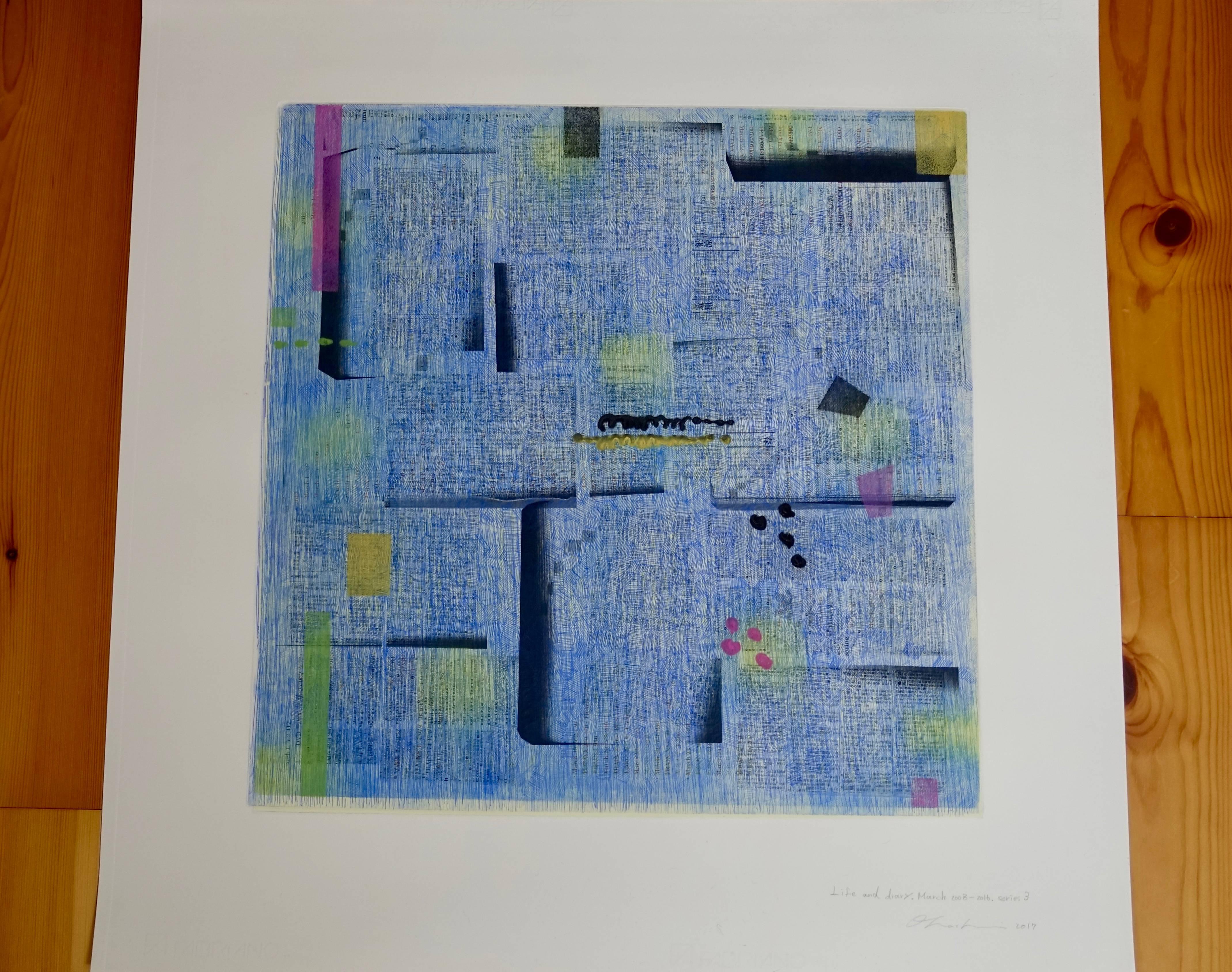 “Life and Diary. March 2008-2016, Series 3” Blue unique unframed etching  - Contemporary Mixed Media Art by Tomomi Ohashi