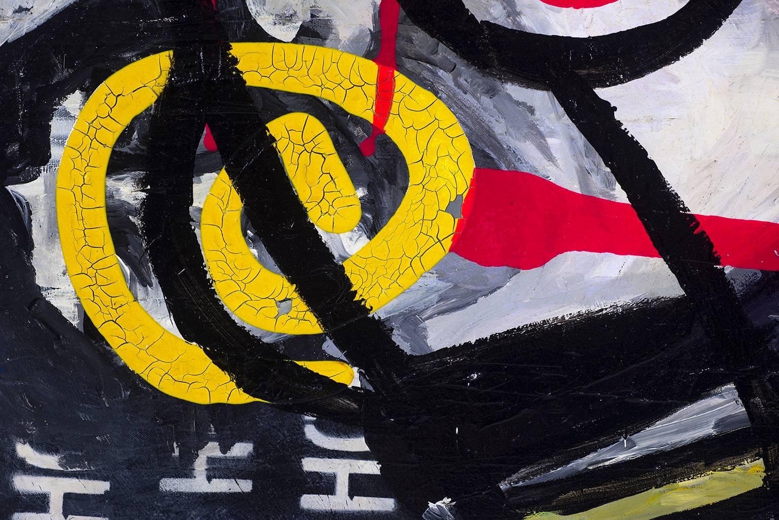 Bold black, red, and yellow and blue line work make up this abstracted figure on top of a black and white background. White text is stenciled along the side of the canvas reading "Must women wait for liberty".

Since the early 1980s,