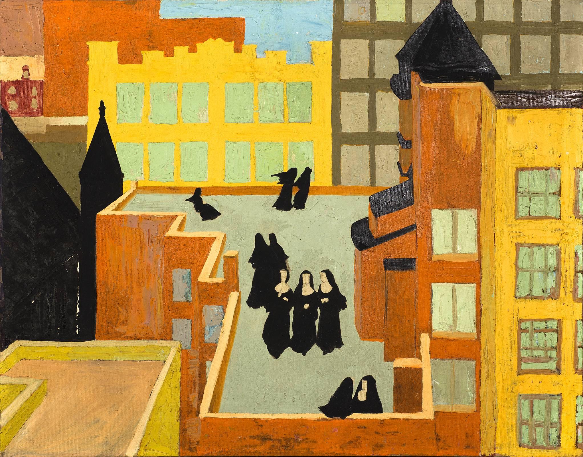 Unknown Figurative Painting - Nuns on Rooftop