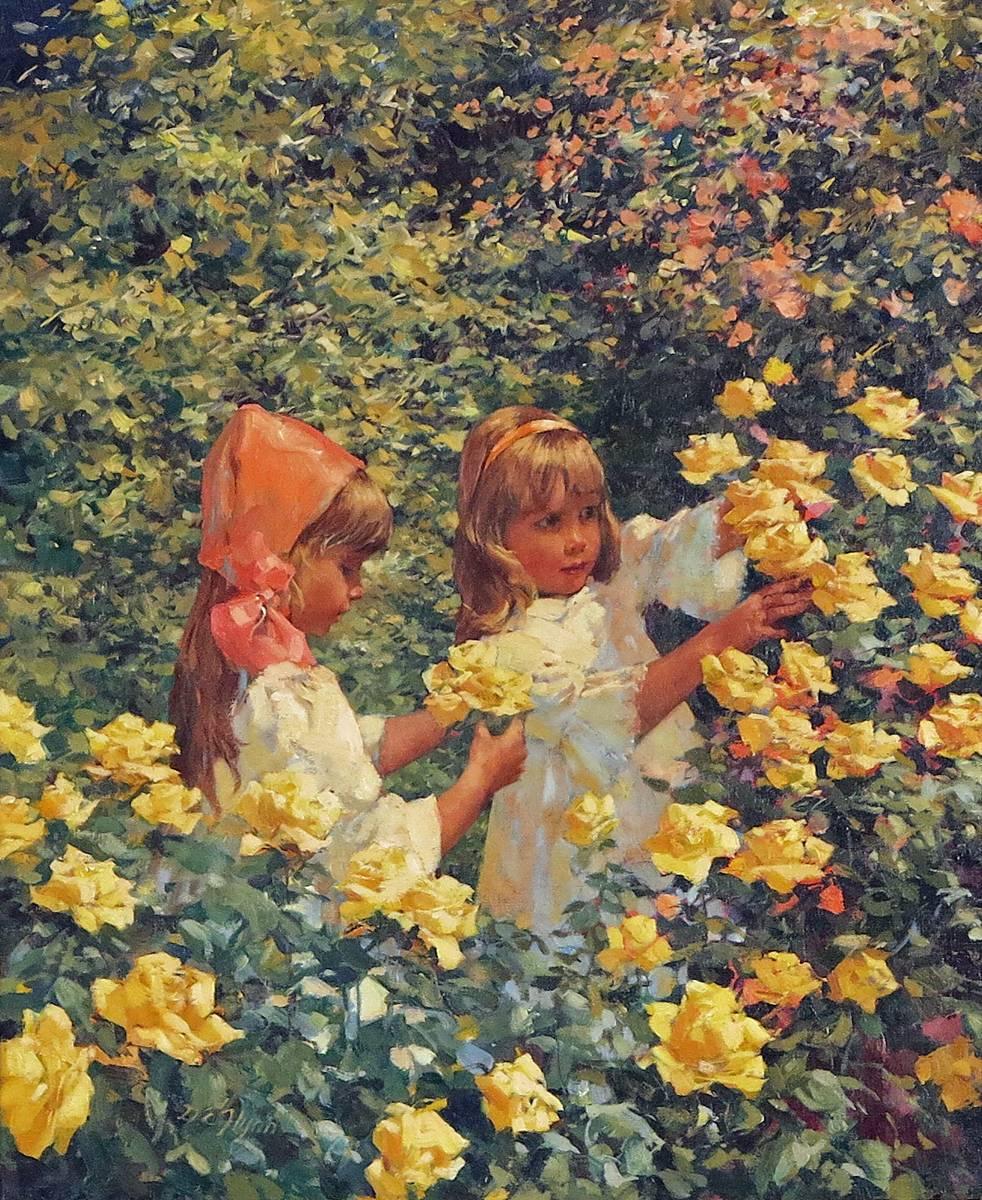 Dianne Elizabeth Flynn Figurative Painting - Two Young Girls in a Flowering Field