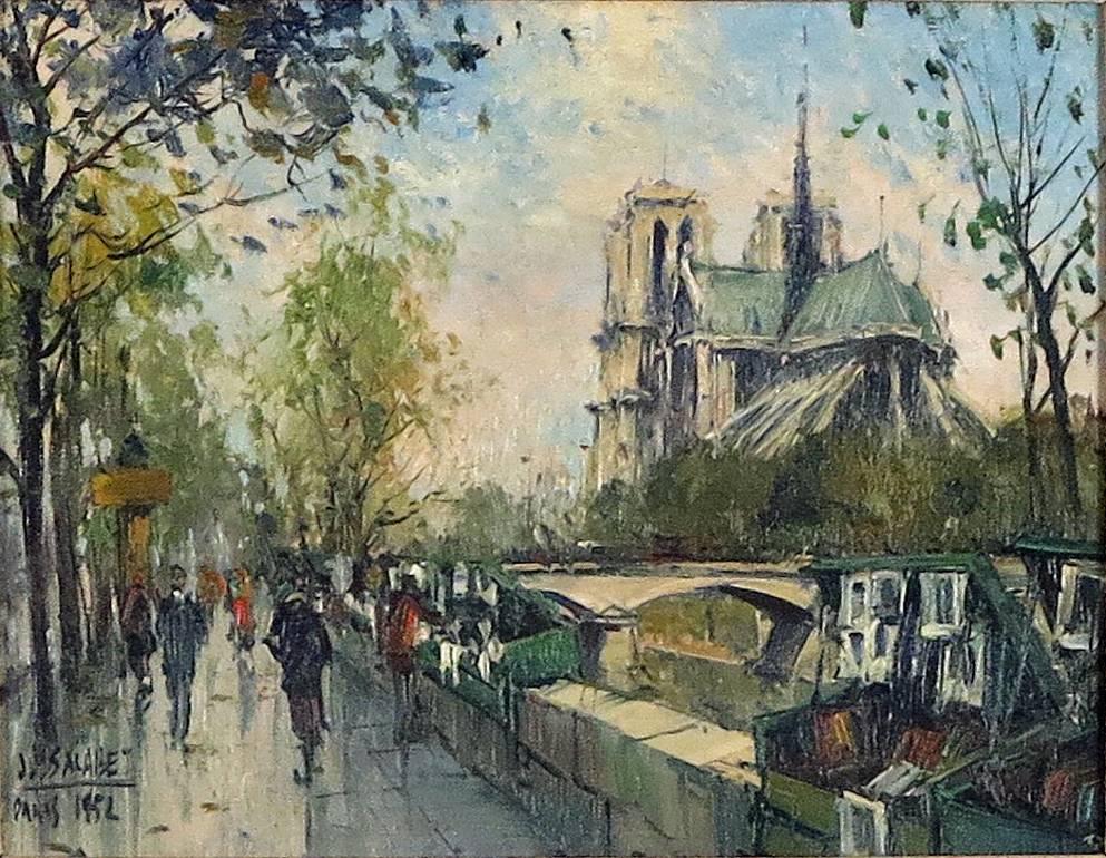 Jean Salabet Landscape Painting - Les Bouquinistes de la Rive Gauche, Notre-Dame, Paris