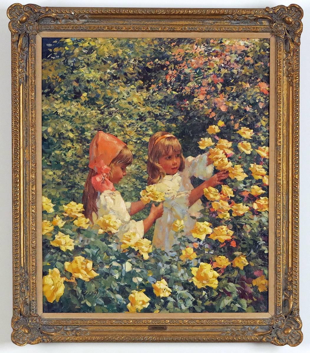 Two Young Girls in a Flowering Field - Painting by Dianne Elizabeth Flynn