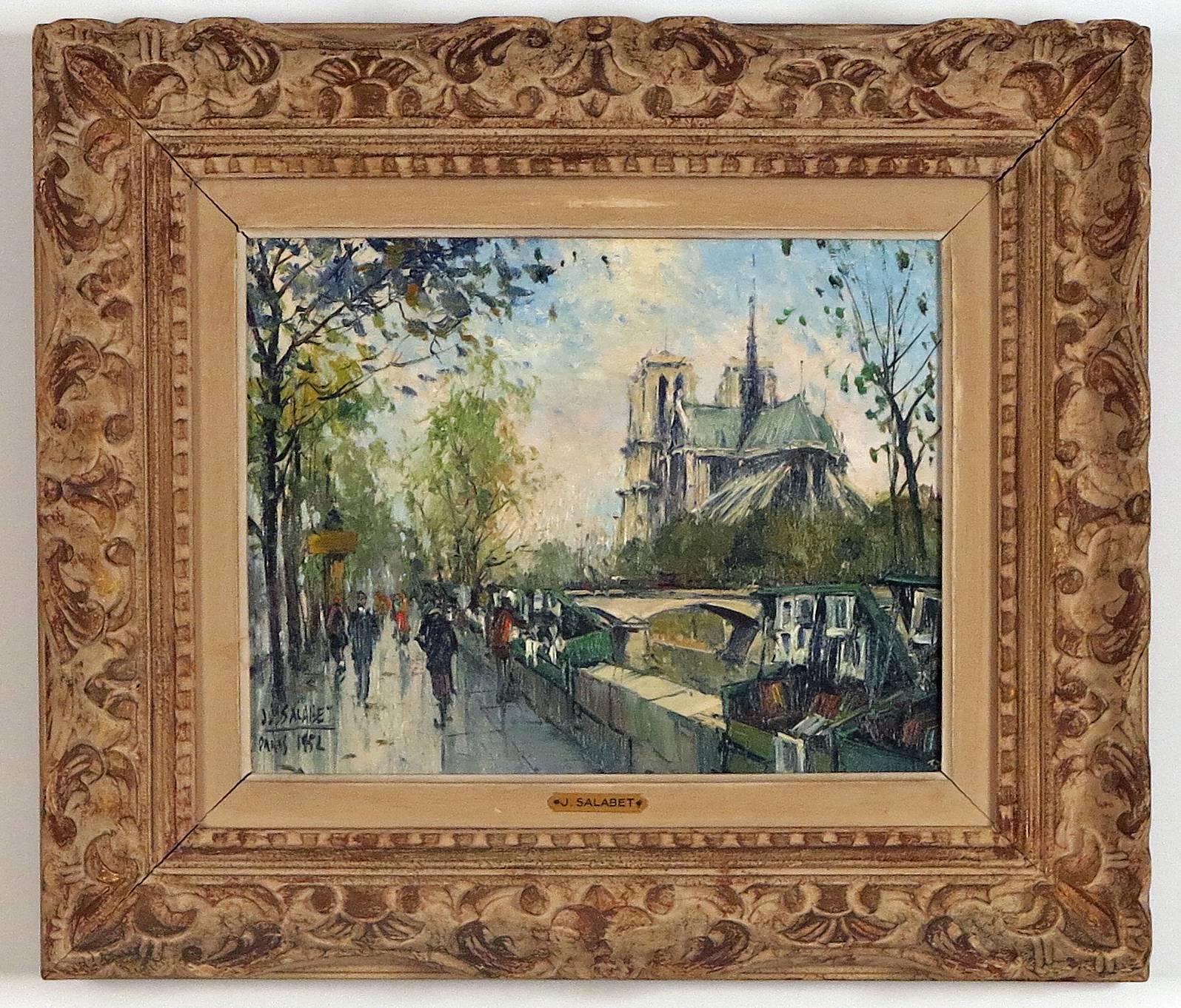 Les Bouquinistes de la Rive Gauche, Notre-Dame, Paris - Painting by Jean Salabet