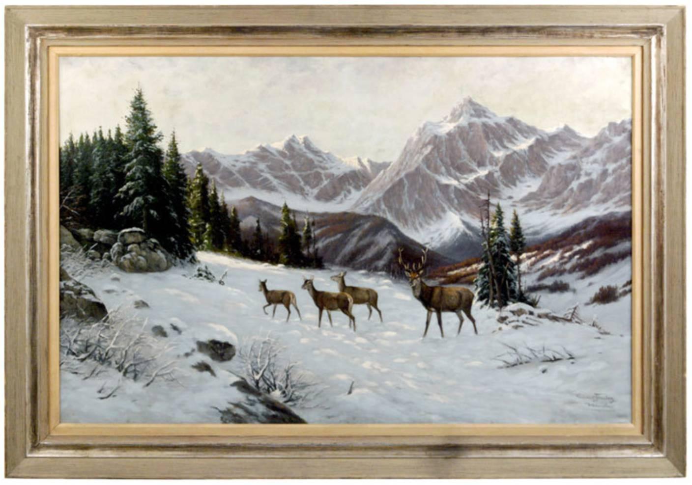 Winterlandschaft mit Rehen – Painting von Clemens Freitag