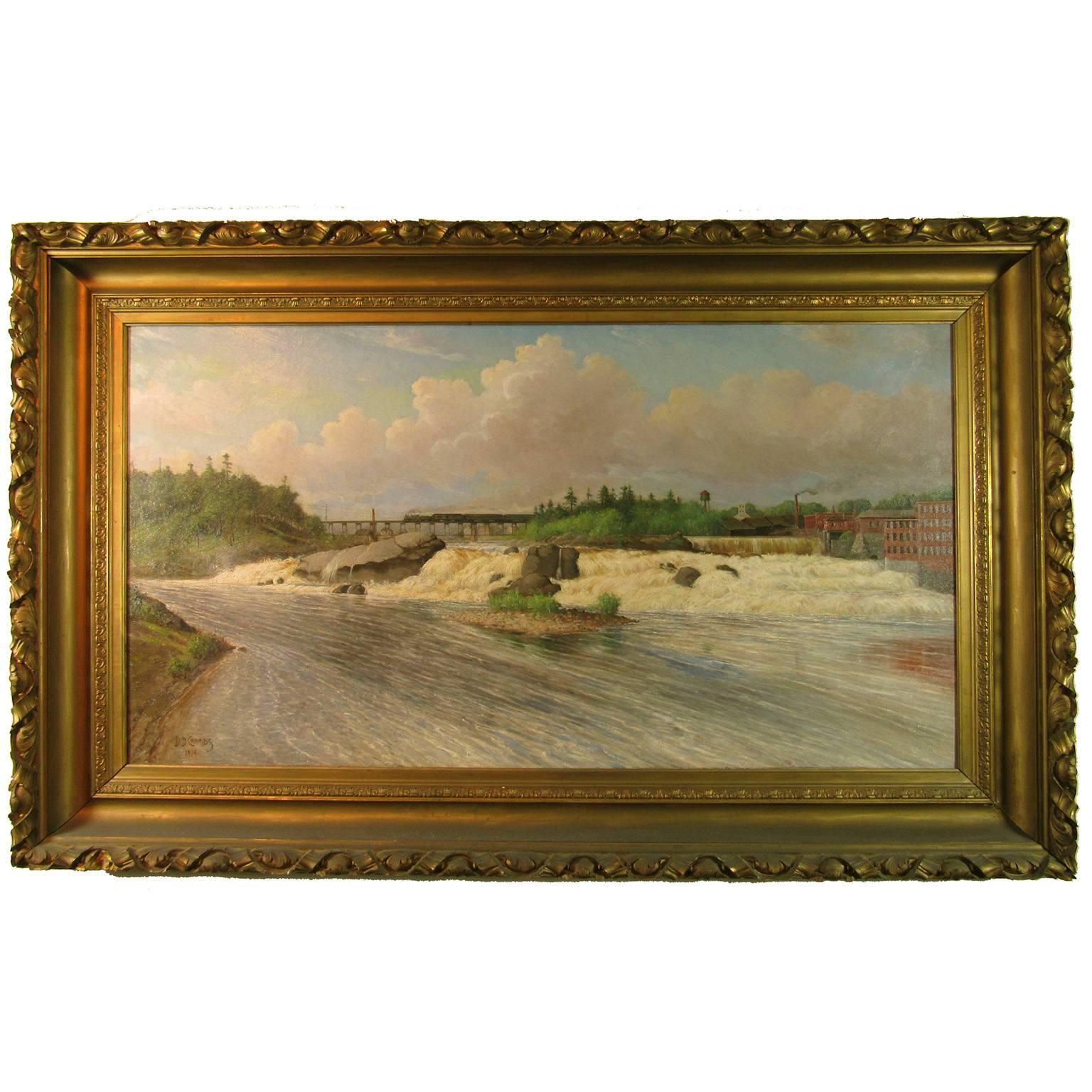 Delbert Coombs Train Crossing Great Falls Oil on Canvas - Painting by Delbert Dana Coombs