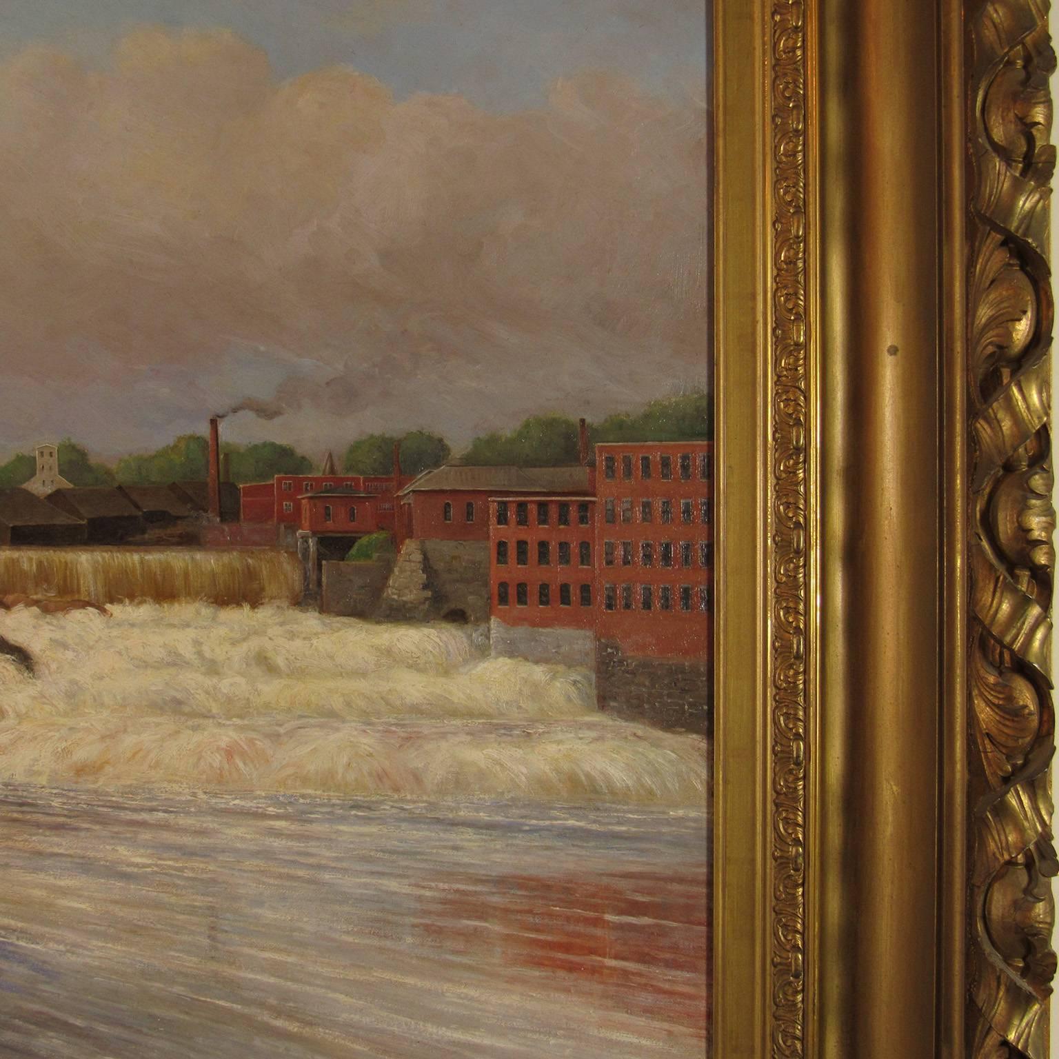Delbert Dana Coombs (American, 1850-1938) Train Crossing Great Falls, Lewiston, Maine.  Oil on canvas signed and dated lower left D.D. Coombs 1914.  Depicting a train crossing Great Falls on the Androscoggin river between Lewiston and Auburn, Maine,