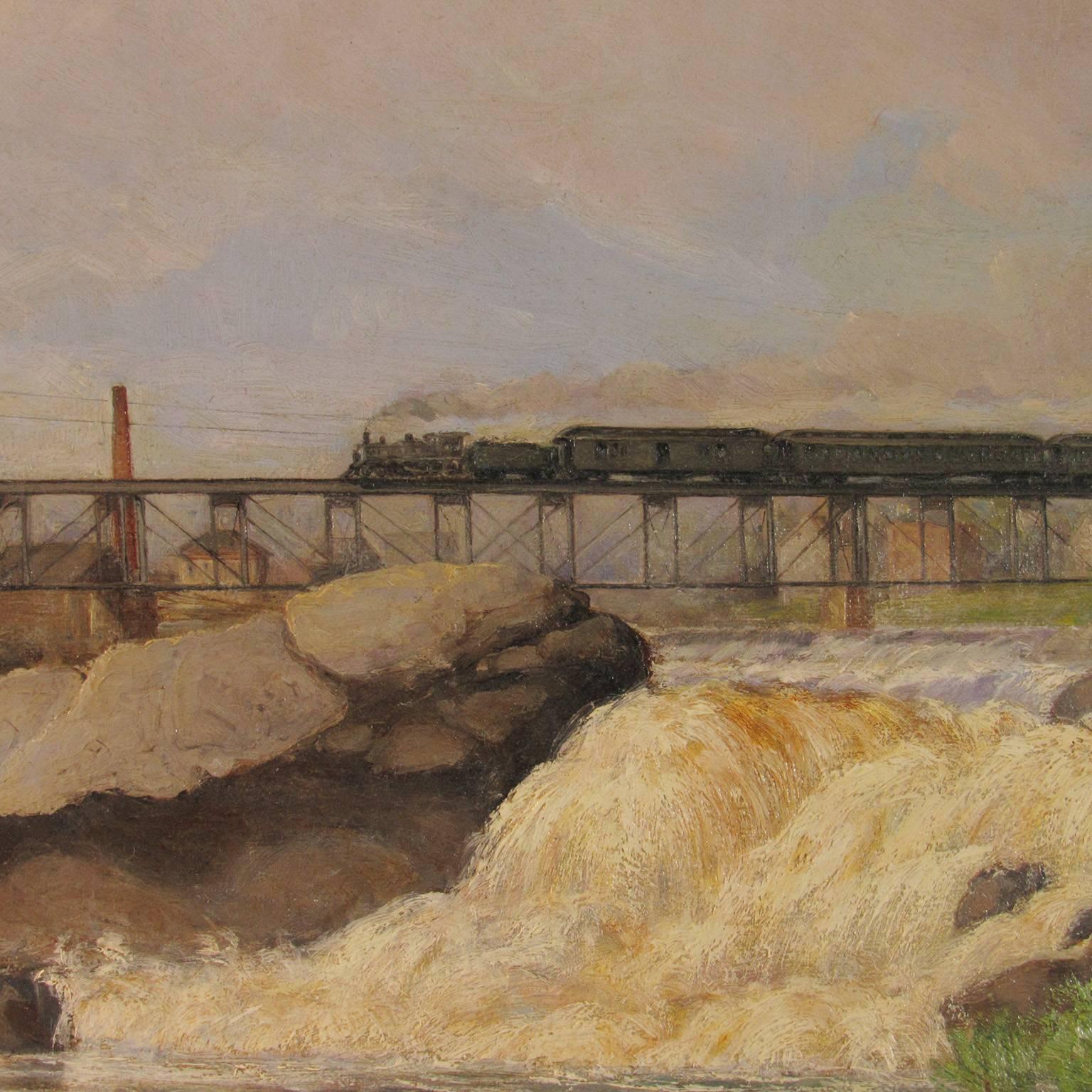 Delbert Coombs Train Crossing Great Falls Oil on Canvas - Brown Landscape Painting by Delbert Dana Coombs