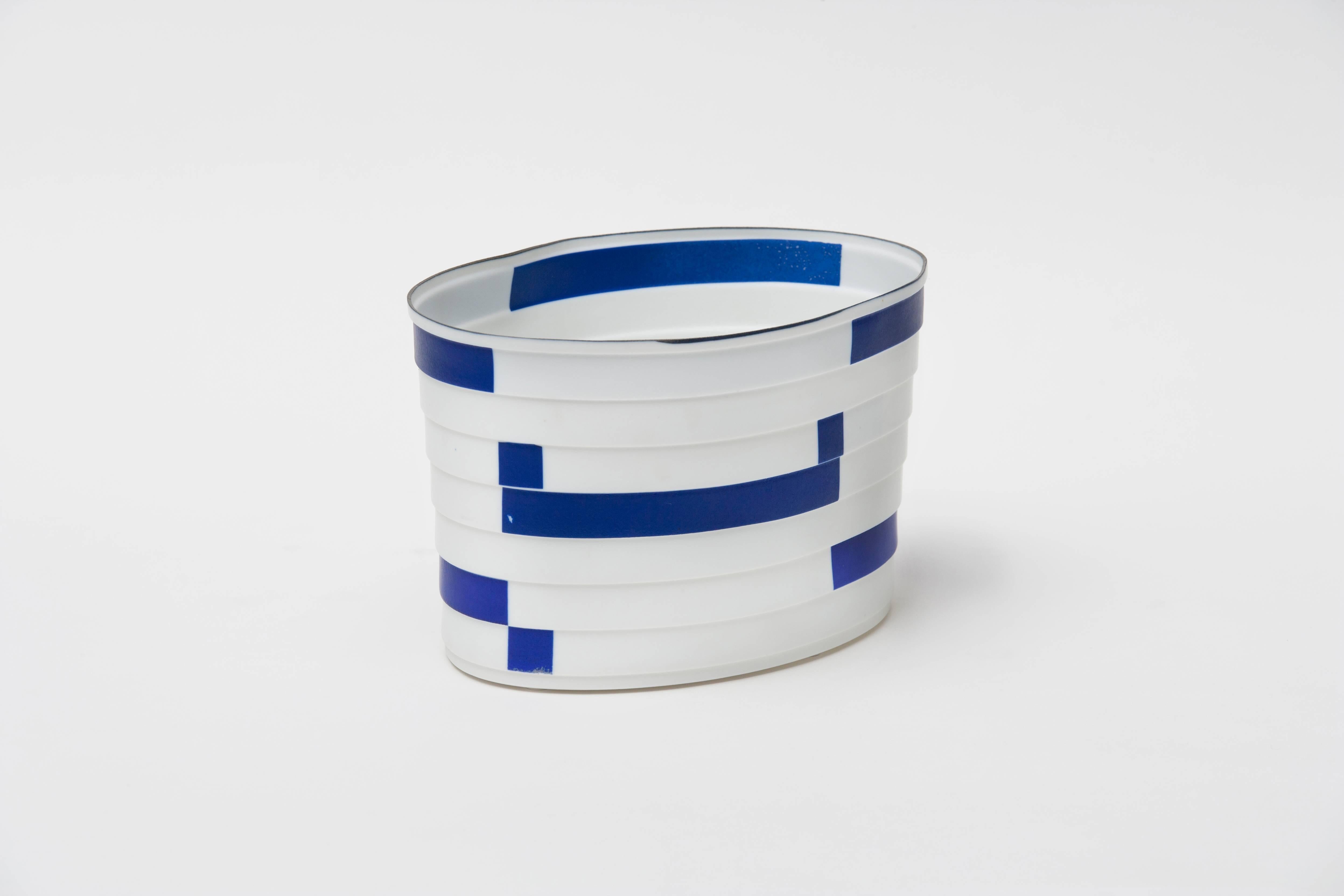 Bodil Manz, porcelain vessel in white, blue, and black, made in Denmark 1