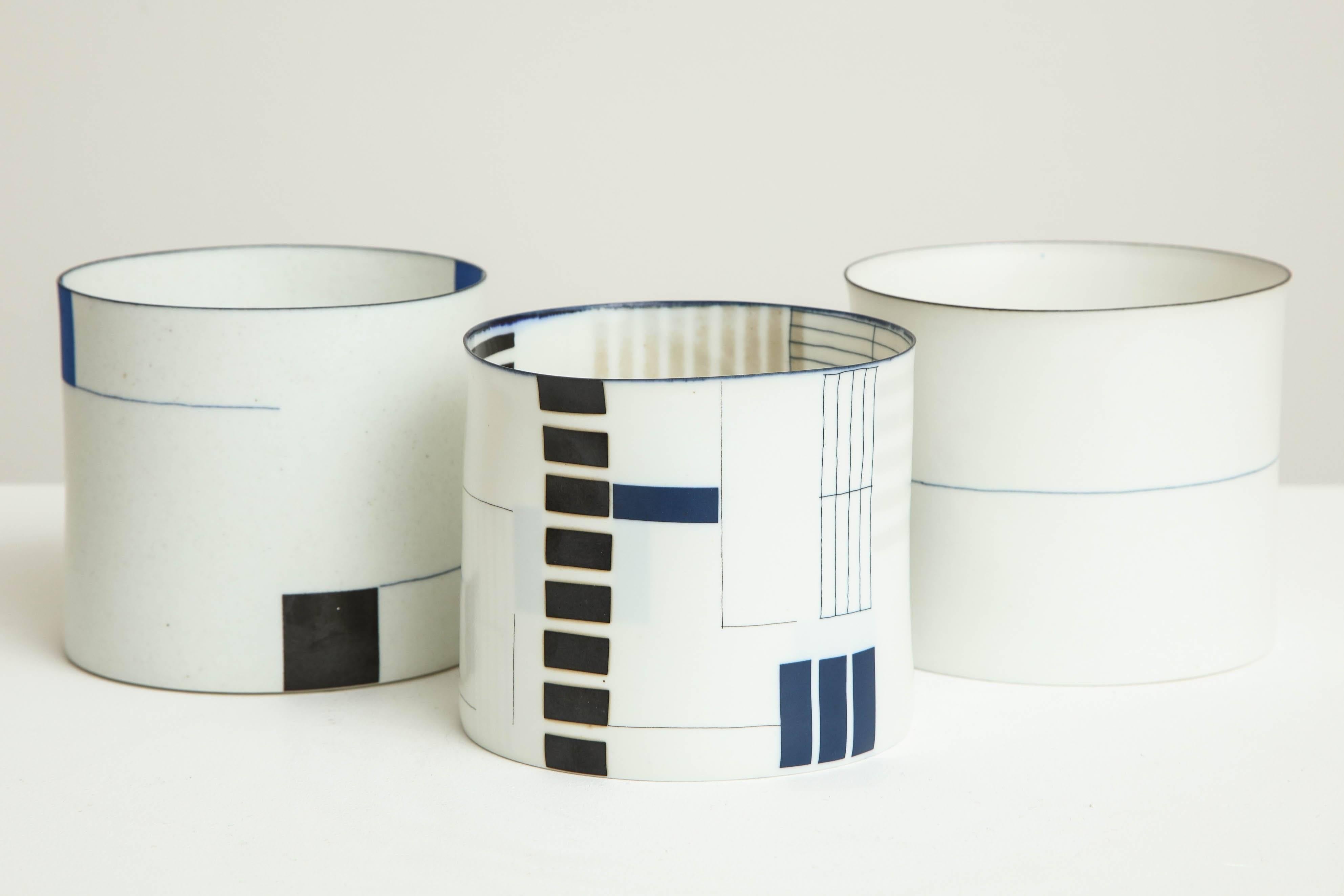 Bodil Manz ceramic vessel with geometric black on white designs, made in Denmark 1