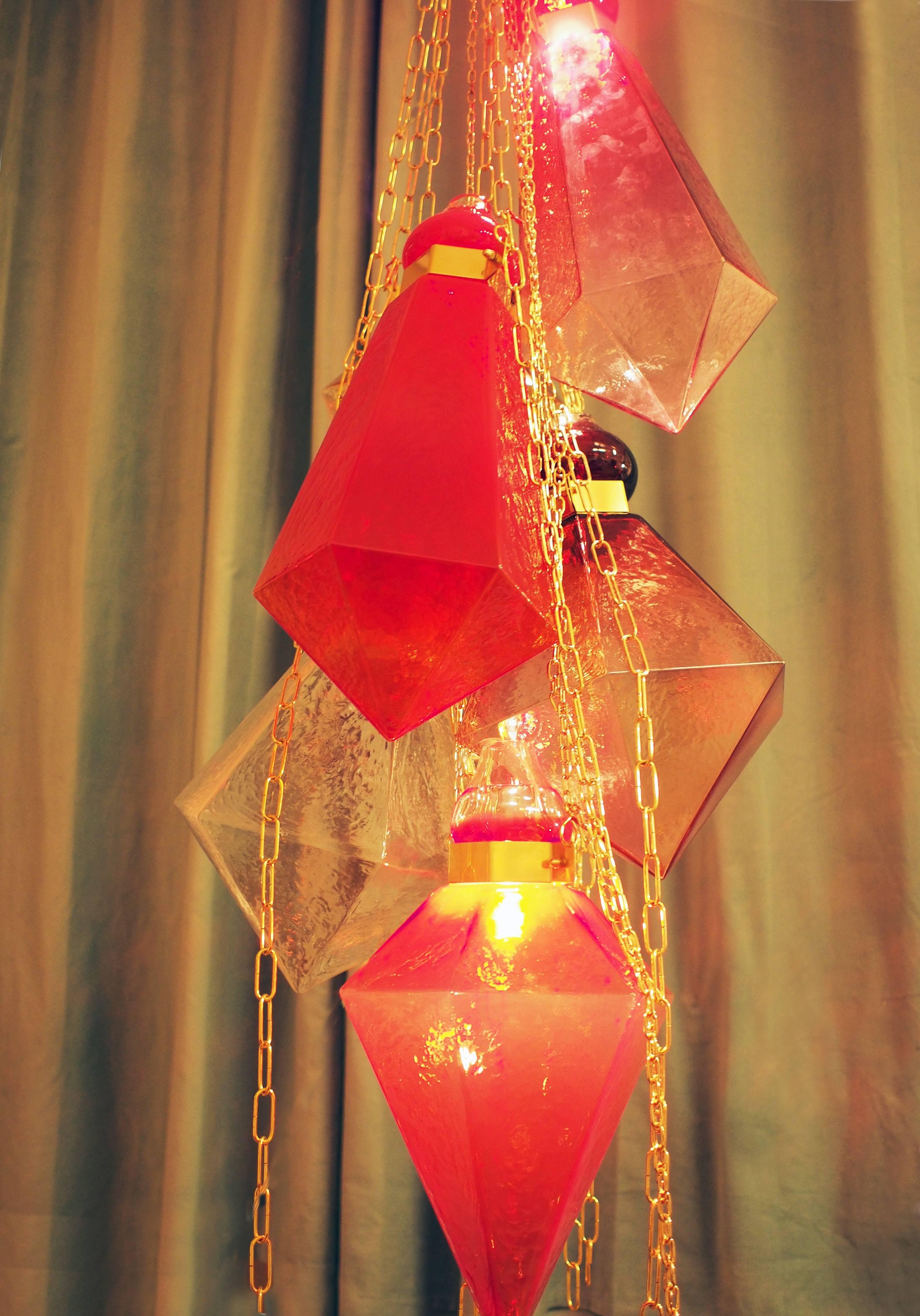 Ruby red handblown glass crystal chandelier hanging sculpture by Frida Fjellman 1