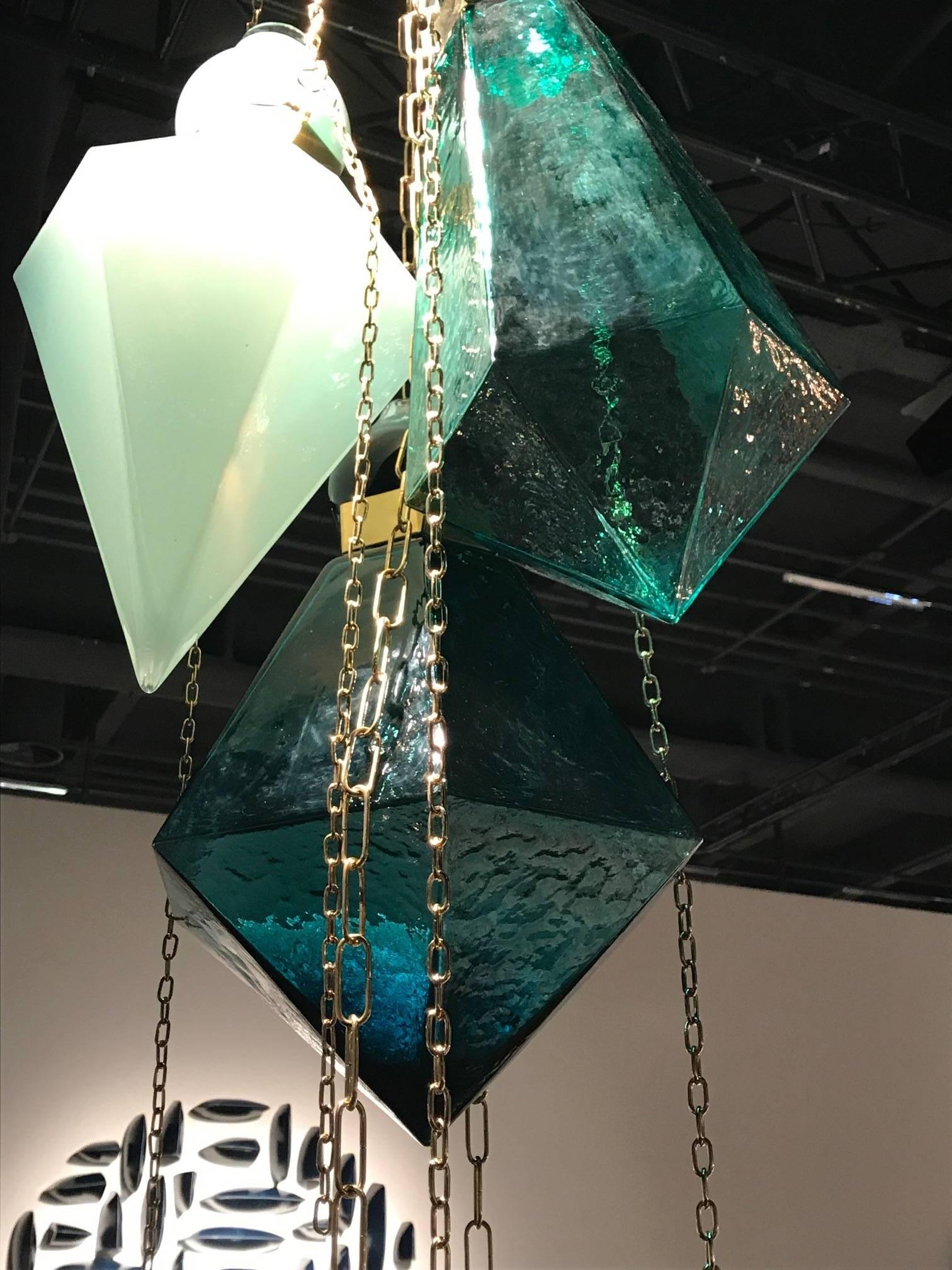 Green handblown glass crystal prism chandelier sculpture by Frida Fjellman For Sale 1