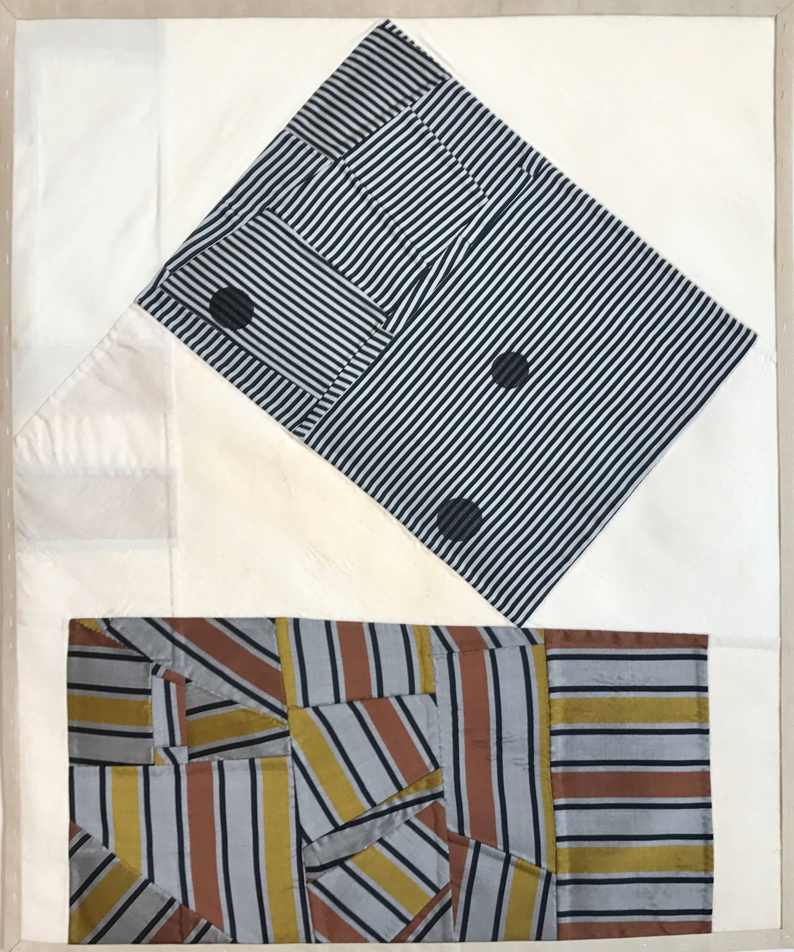 Debra Smith
Shifting Color Series no.32, 2017
pieced vintage silk
20 x 15 in.

This original textile collage by Debra Smith is bold and graphic, with a large black and white striped rectangle perched precariously on a rectangle crafted with muted