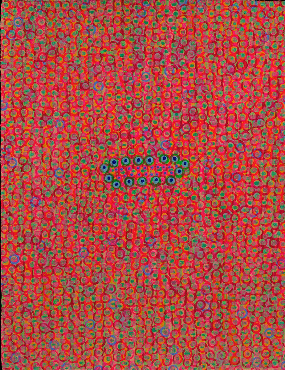 Diane Ayott
Hours, 2008
acrylic on paper
15 x 11 in.

This Diane Ayott abstract acrylic painting on paper forms dense layers of dotted patterned marks in deep red, green and blue.

Diane Ayott's work is more about color and pattern than color and