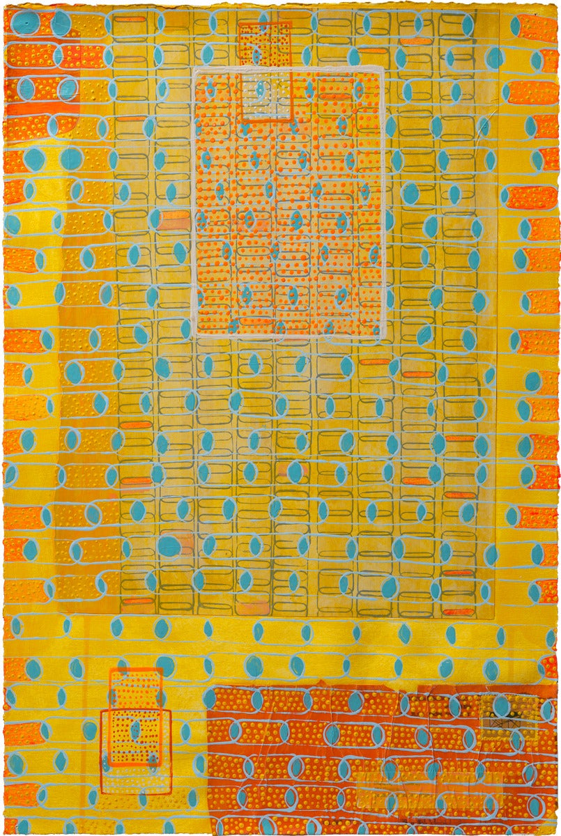 Diane Ayott
Lost Again, 2009
mixed media on paper
22 x 15 in.
framed size: 27 x 19 in.

This Diane Ayott abstract acrylic painting on paper forms dense layers of dotted patterned marks in yellow, orange and blue

Diane Ayott's work is more about