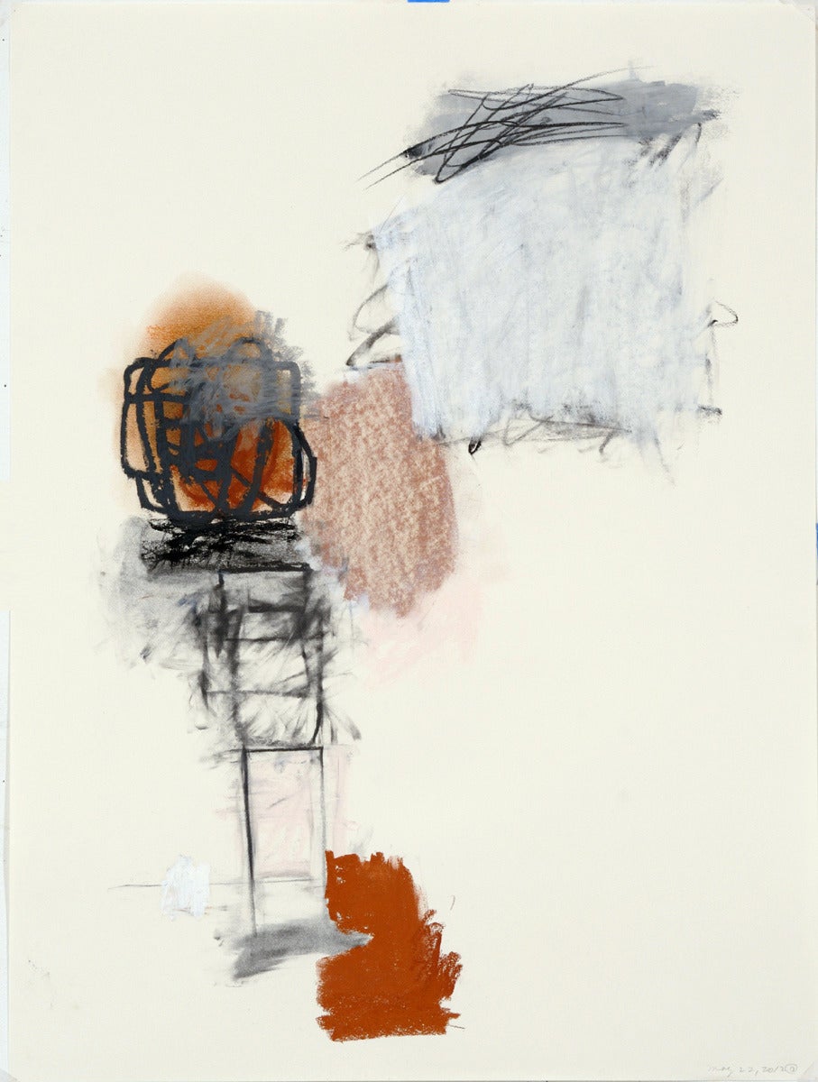 Rocio Rodriguez
May 22, 2012, 2012
oil pastel, pastel and pencil on paper
24 x 18 in.

This original oil oil pastel drawing on paper by Rocio Rodriguez features abstracted rectangles rendered in a rough, primitive style in neutral shades of brown ,