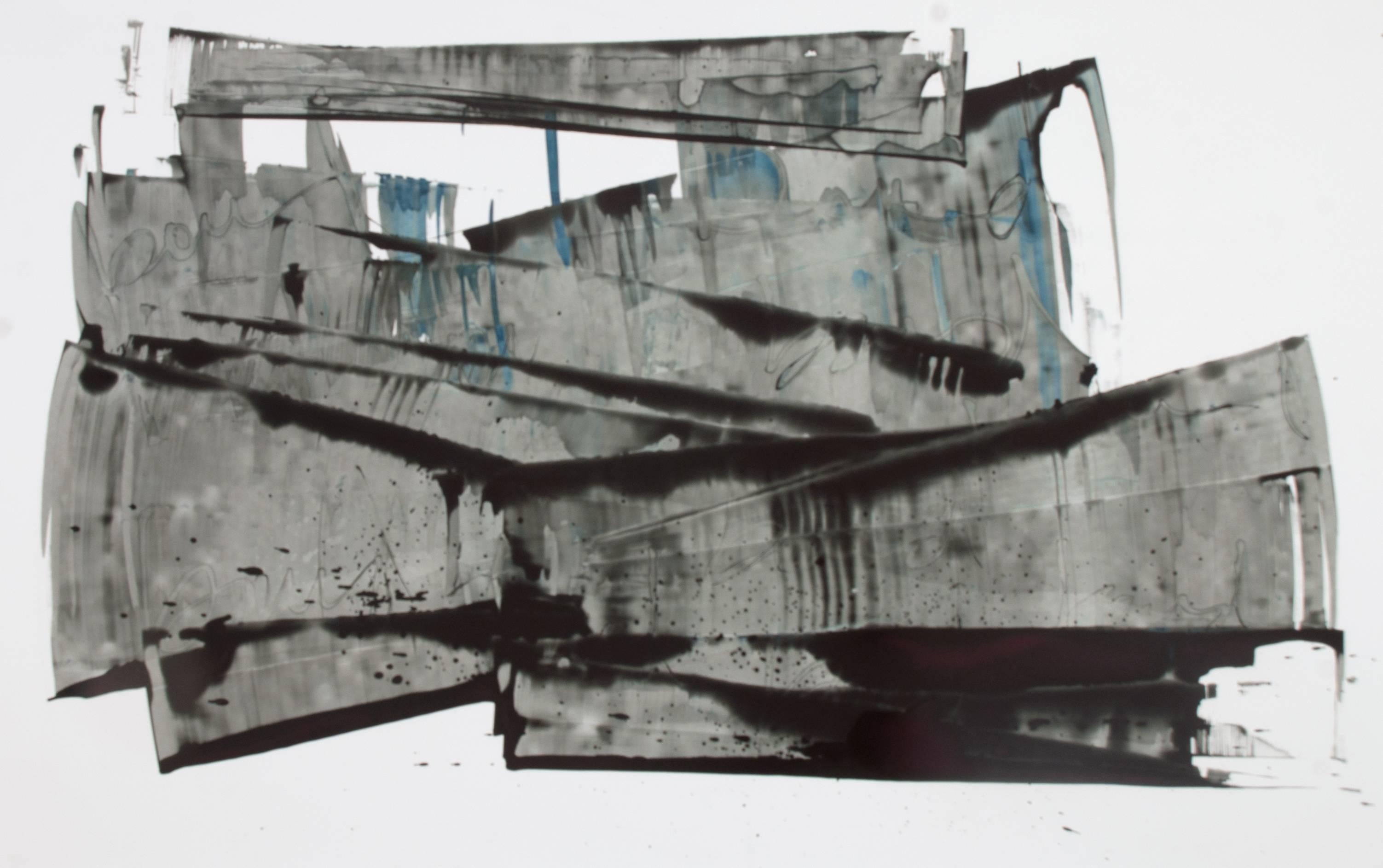 Sarah Irvin
Ausbruch, 2015
Tinte auf Yupo
26 x 40 Zoll.

Dieses abstrakte Tuschebild auf Yupo-Papier spielt mit Transparenz und Farbe in Blau- und Grautönen.

"Bei dieser Arbeit schreibe ich mit Tinte einen kursiven Text auf eine glatte Oberfläche