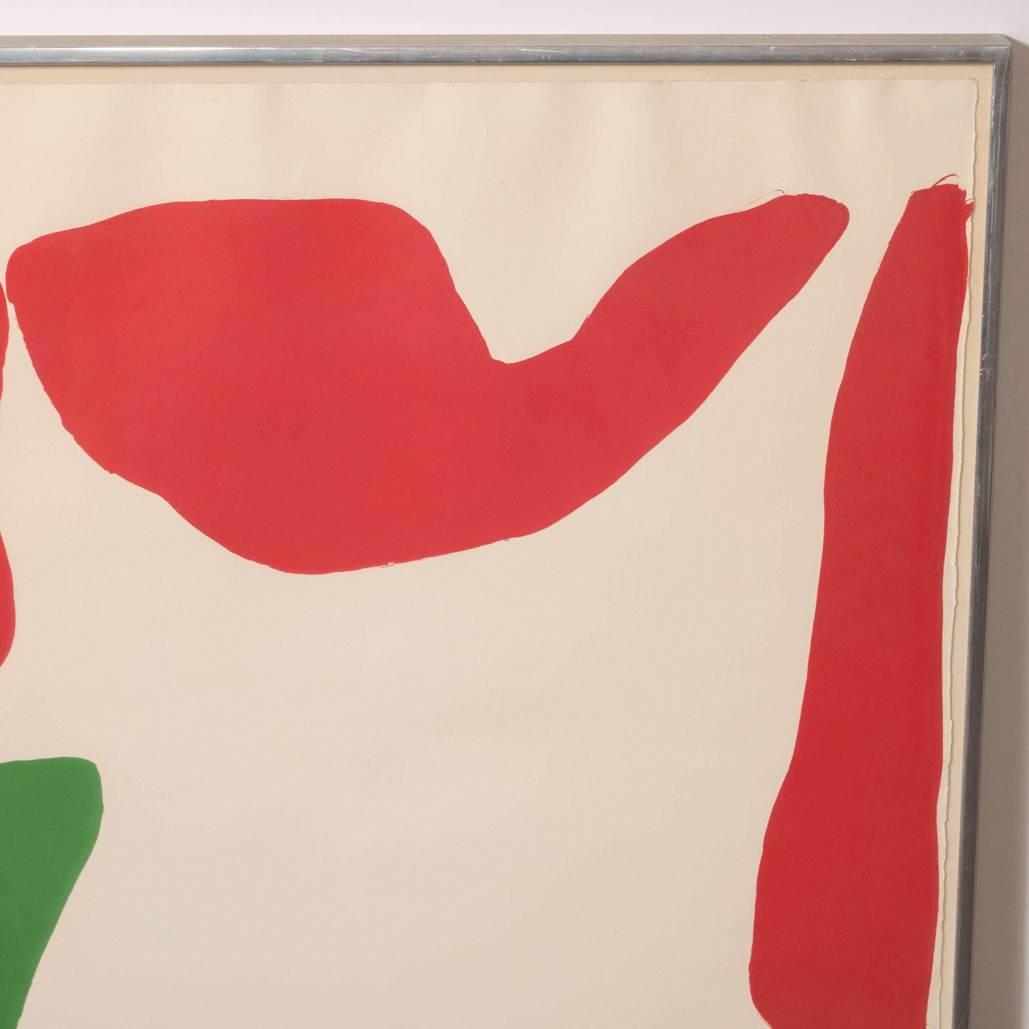 Modernist Abstract Lithograph by Ray Parker in Red, Green, and Blue - Beige Print by Raymond Parker